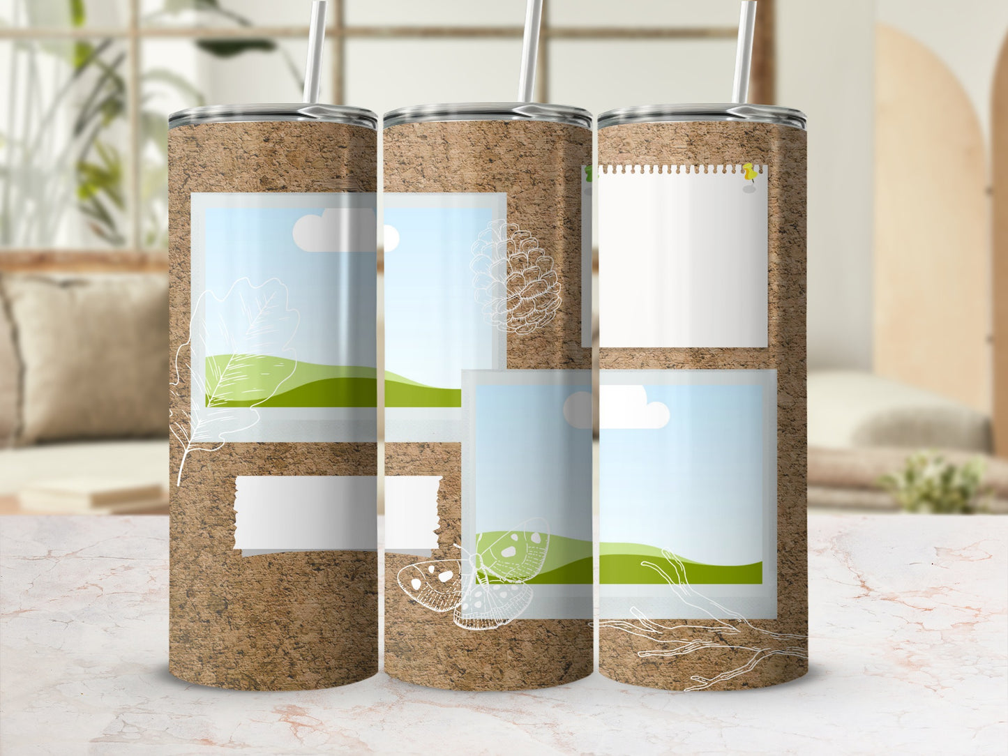Cork-textured tumblers with various nature-themed decals and photo placeholders.