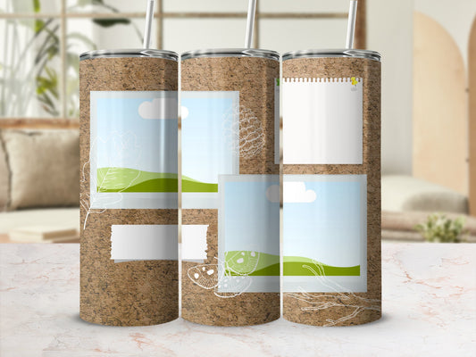 Cork-textured tumblers with various nature-themed decals and photo placeholders.