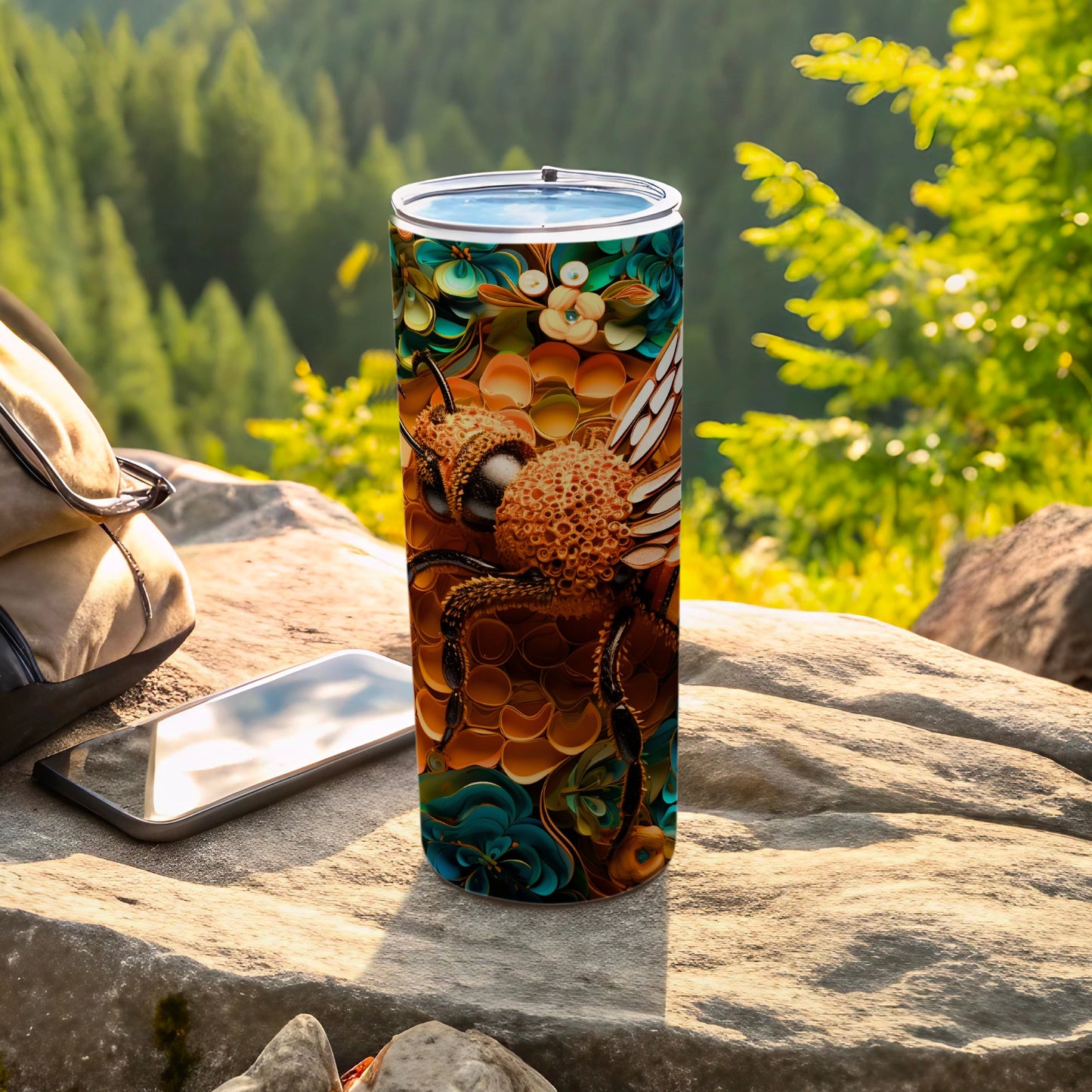 Stylized Bee Honeycomb Pattern Tumbler Vessel product type
Bee art
Honeycomb pattern
Tumbler cup
Insect motif
Floral design
Nature theme
Abstract bee
Drink container
Beverage tumbler
Unique design
Wildlife graphic
Organic shapes
Teal gold design
Brown accents
Textured print
Artistic tumbler
Custom tumbler
Gift idea
Bee lover
Graphic tumbler