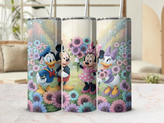 Adorable Cartoon Characters Tumbler with Floral Accents