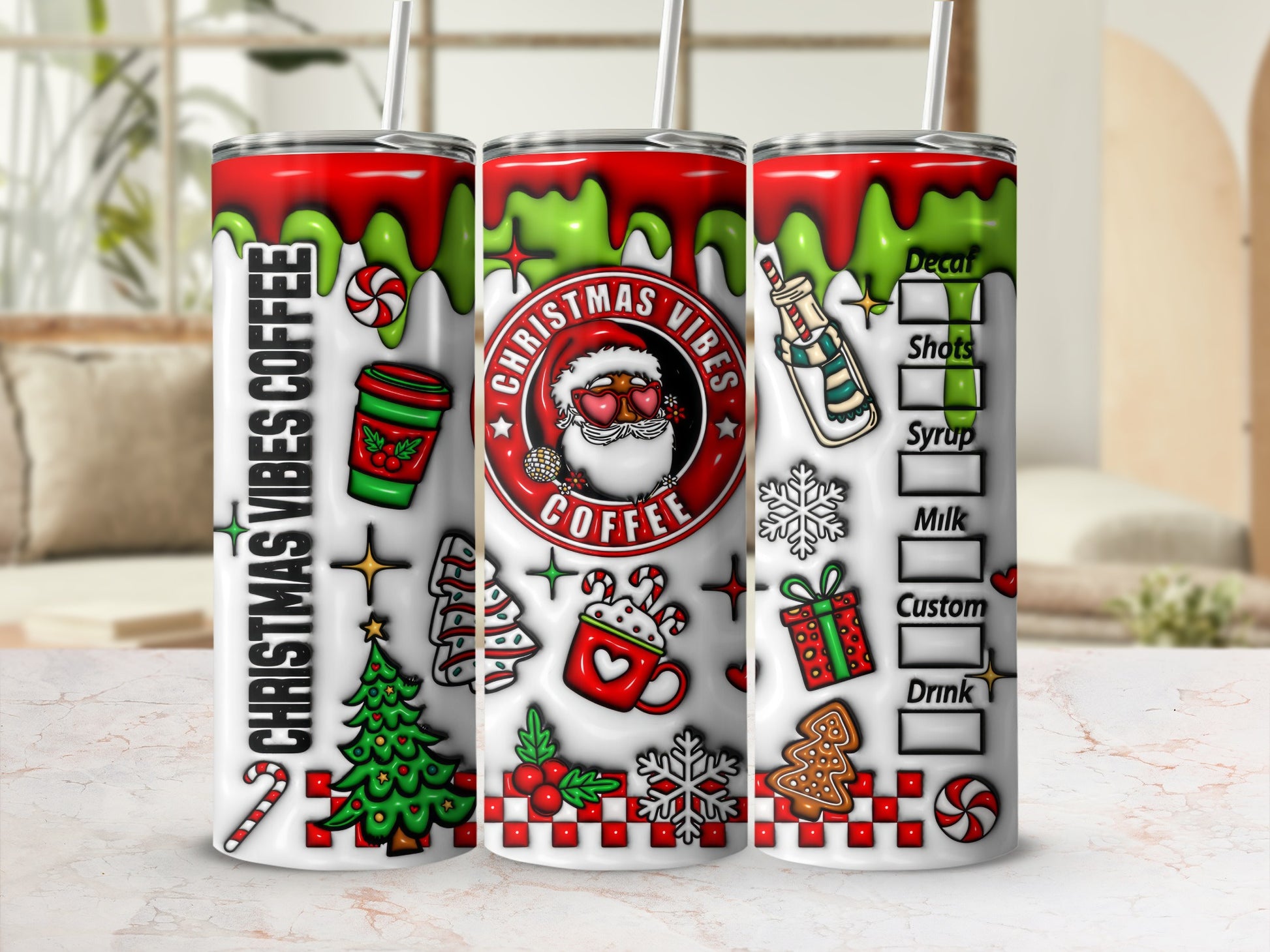 Christmas Vibes Coffee Themed Tumbler with Straw