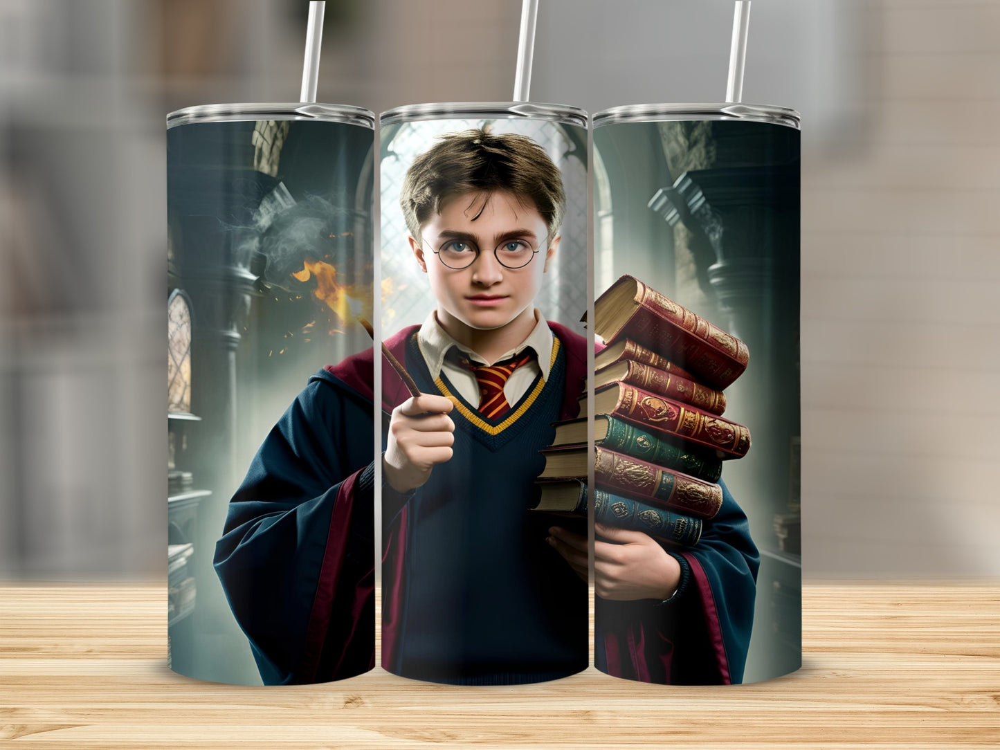 Harry Potter in Hogwarts uniform holding a wand and books.