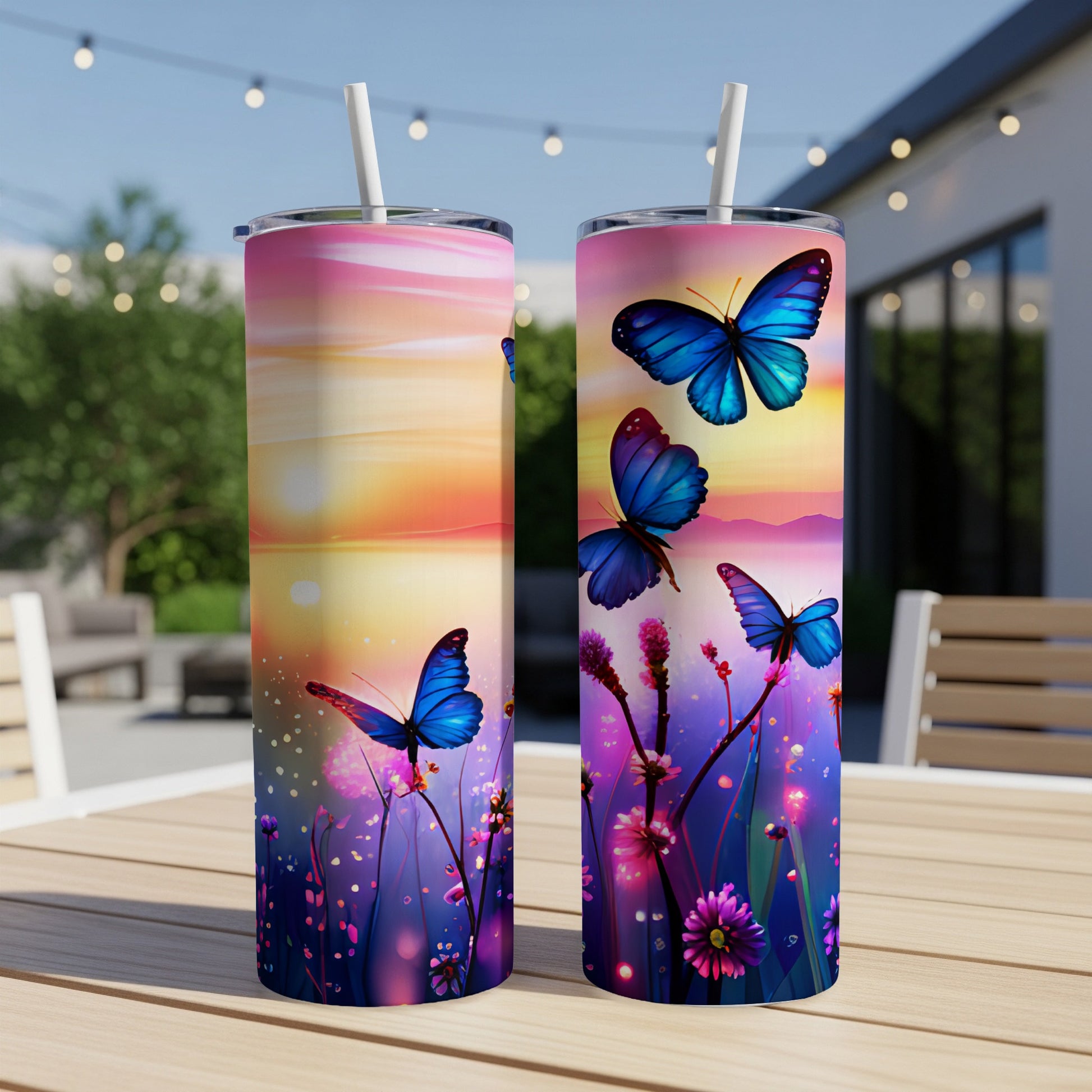 Two tumblers with blue butterflies and floral sunset design.