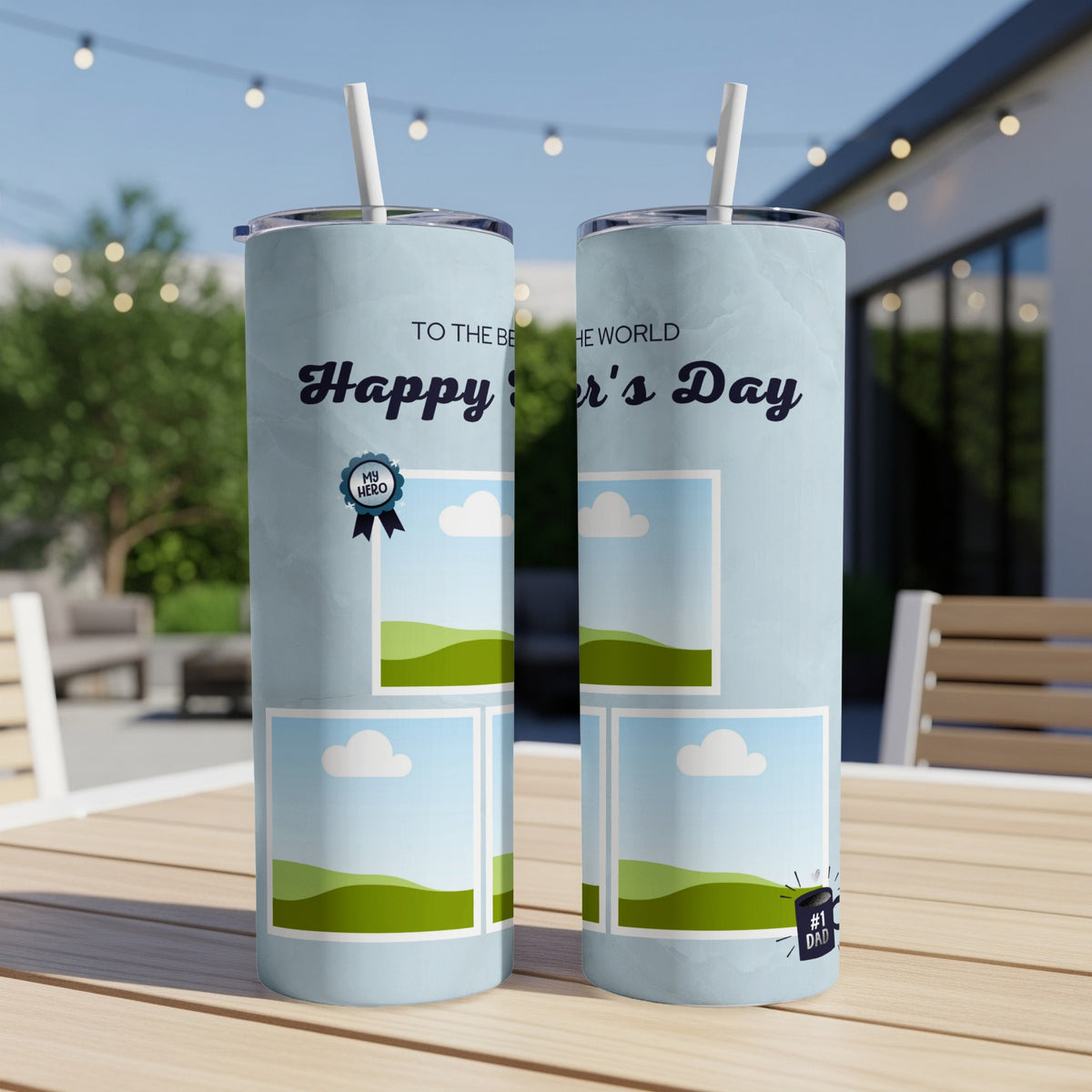 Light blue tumblers with "Happy Father's Day" text and photo placeholders.