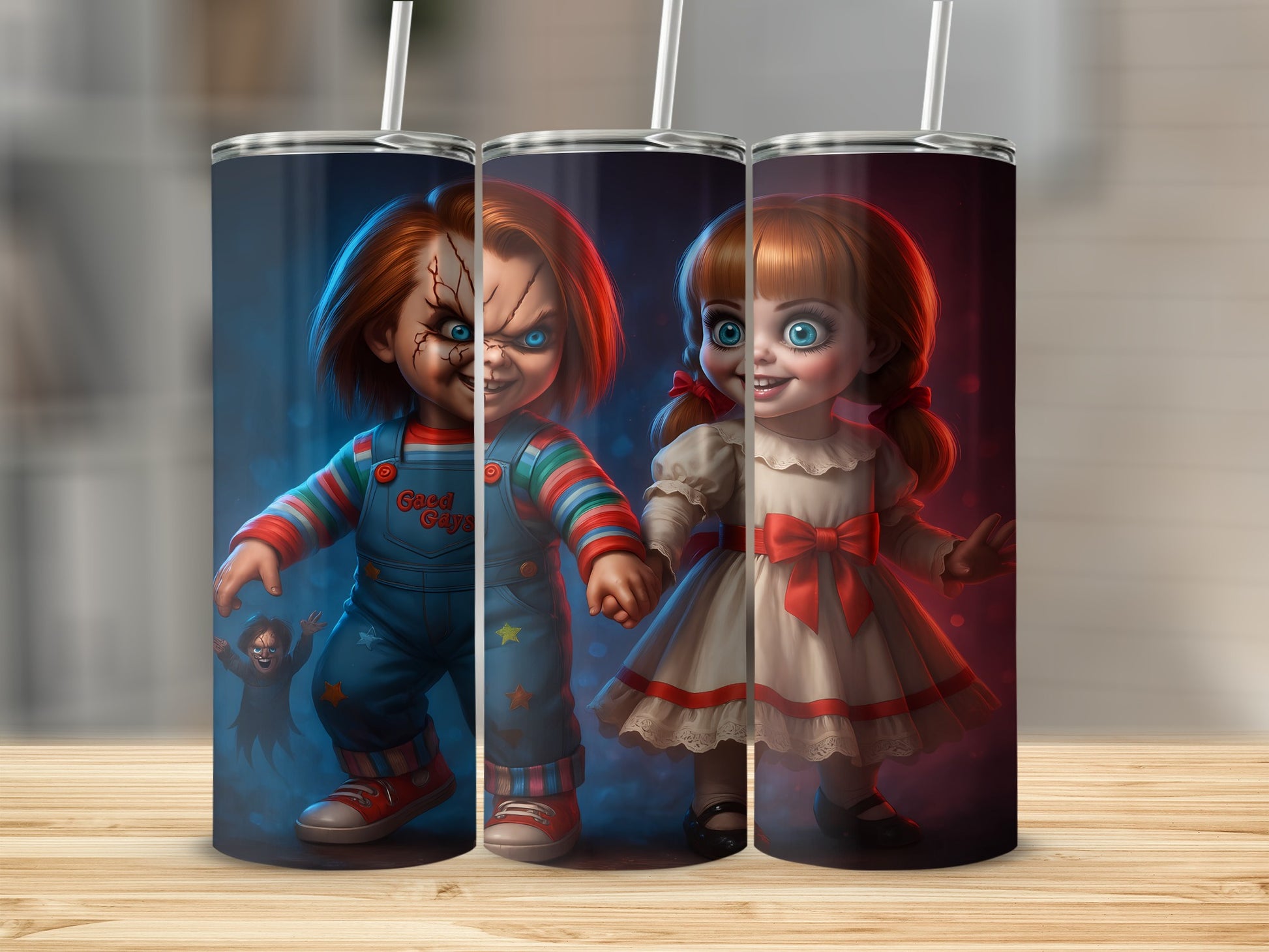 Chucky and Annabelle dolls on tumblers with straws.
