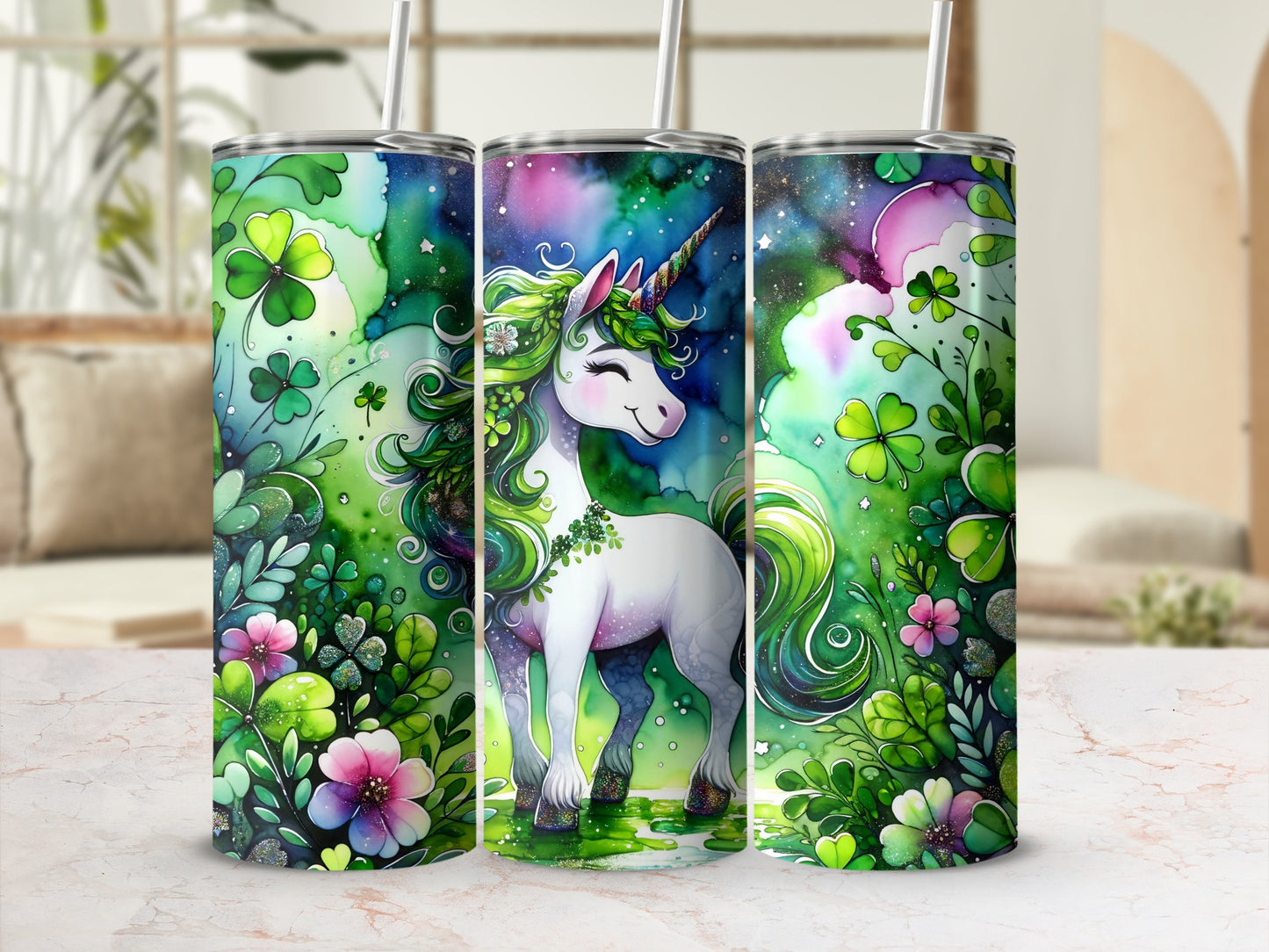 Green unicorn with clover and floral accents on a tumbler.