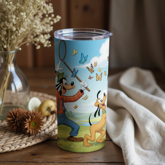Goofy and Pluto Catching Butterflies Tumbler Cup