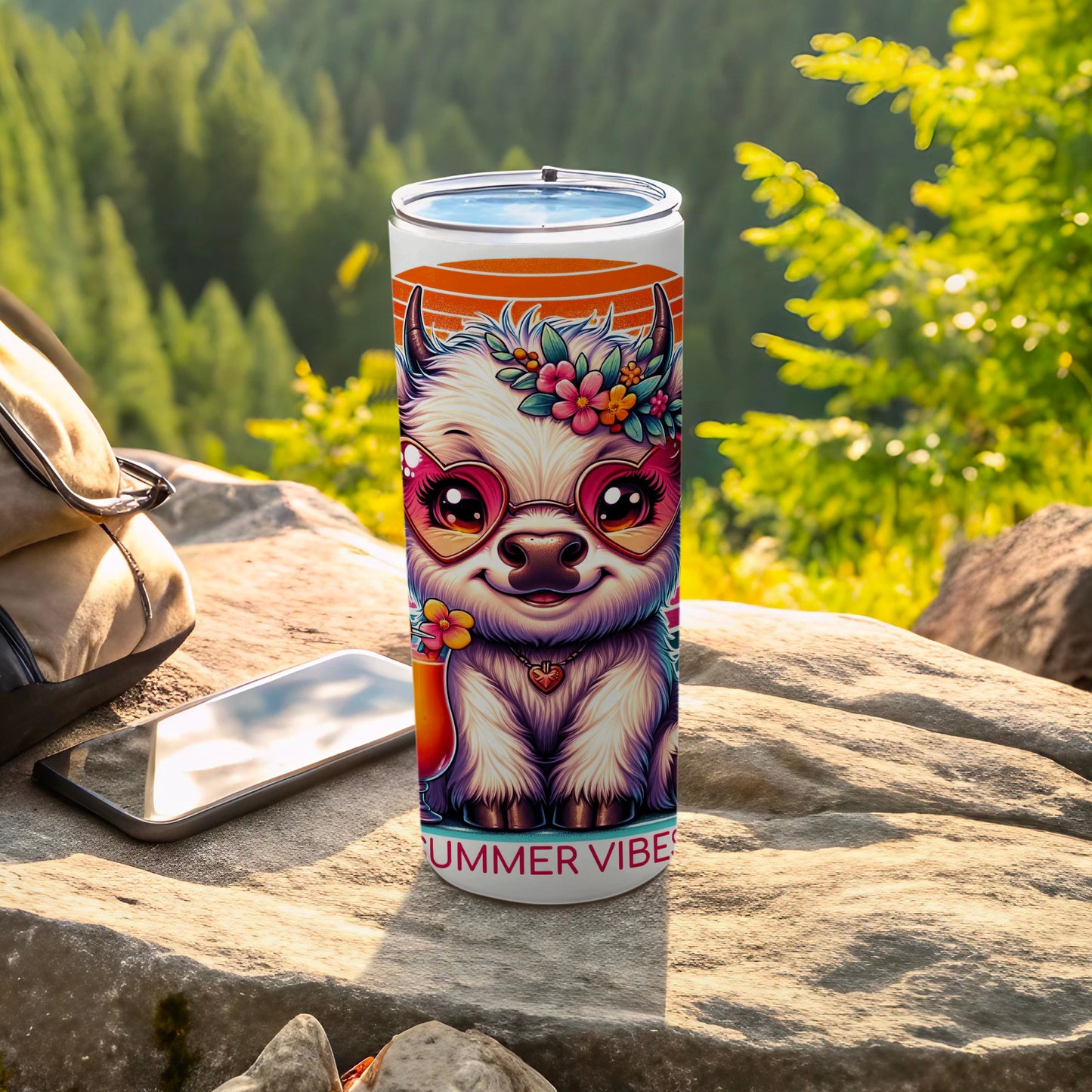 Cute llama with sunglasses and flowers on a tumbler with "SUMMER VIBES" text.