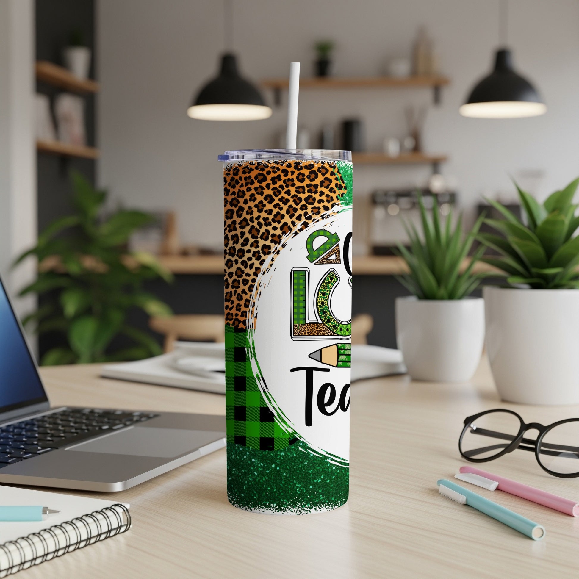 Green glitter tumbler with leopard print and buffalo plaid, saying "Cool Teacher".