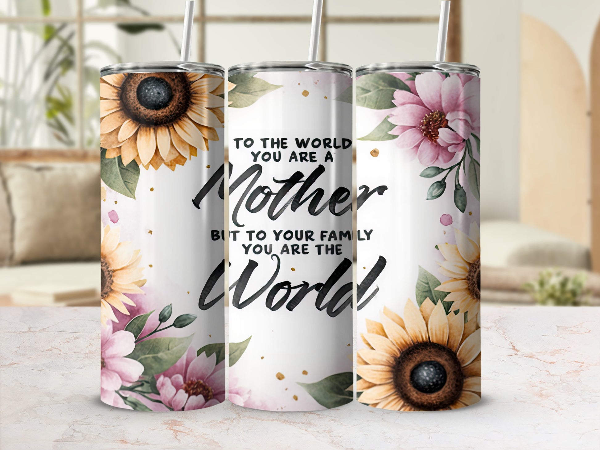 Floral tumbler with "Mother" and "World" text, featuring sunflowers and pink flowers.