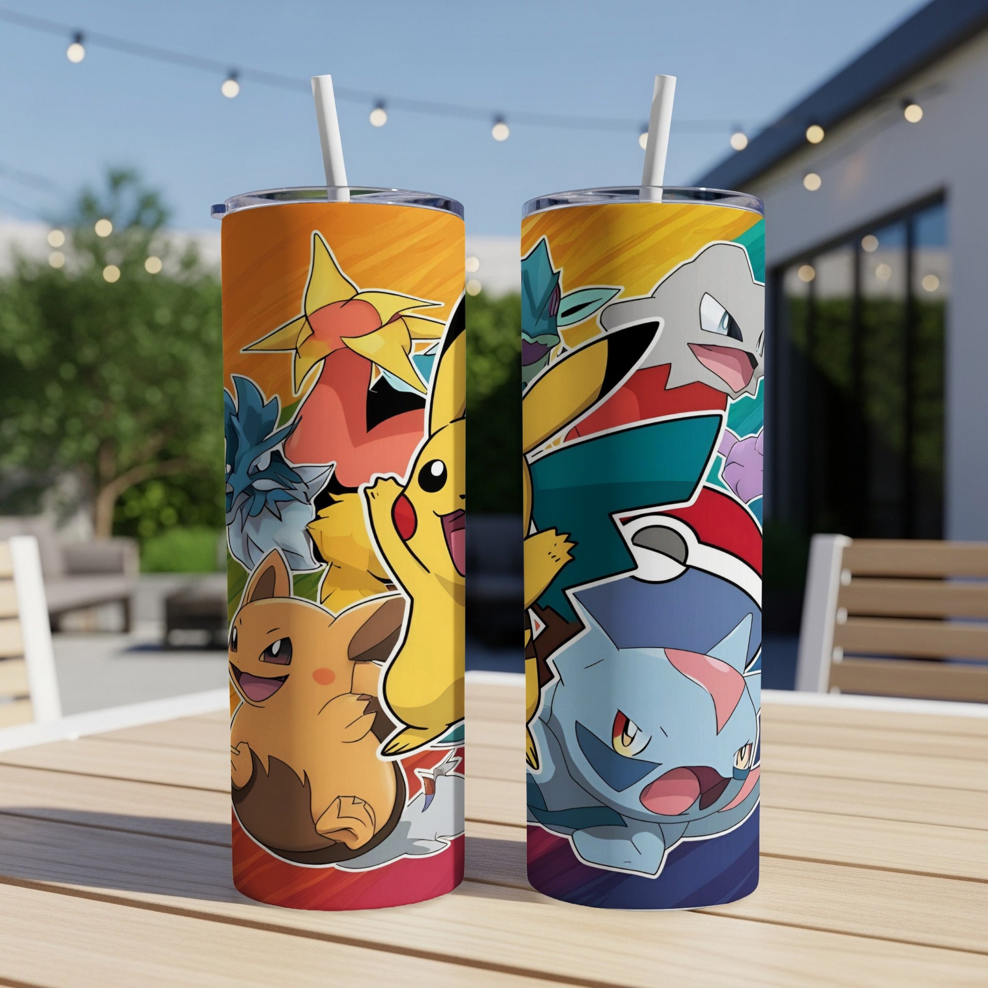Two Pokémon-themed tumblers featuring Pikachu and other characters on an outdoor table.