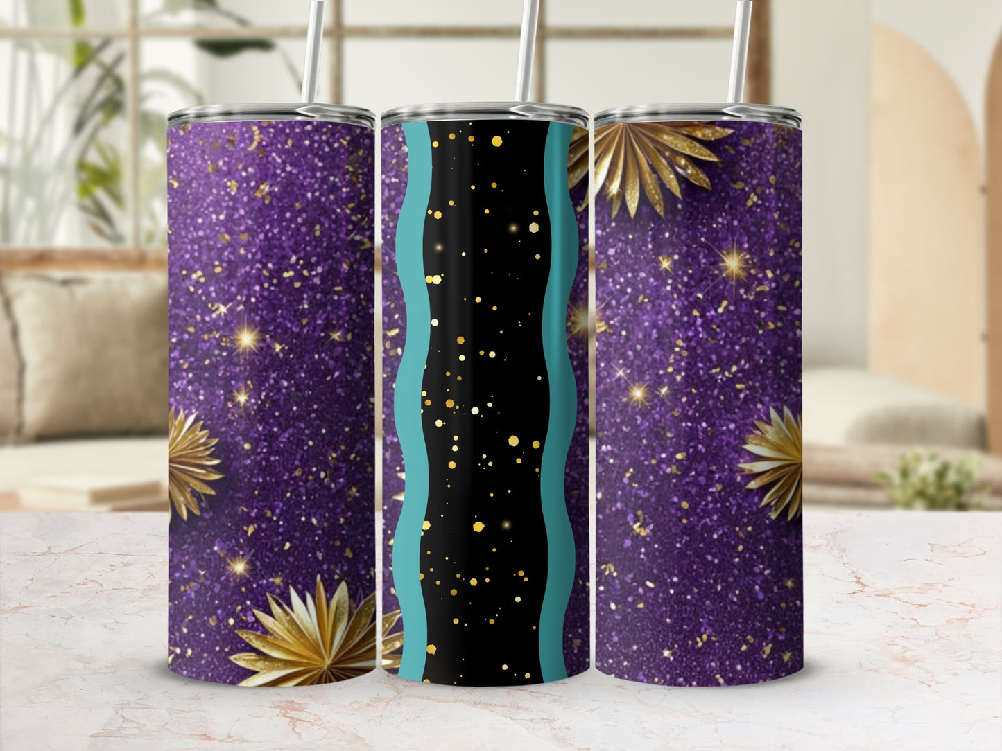 Purple glitter tumbler with gold stars and teal accents.