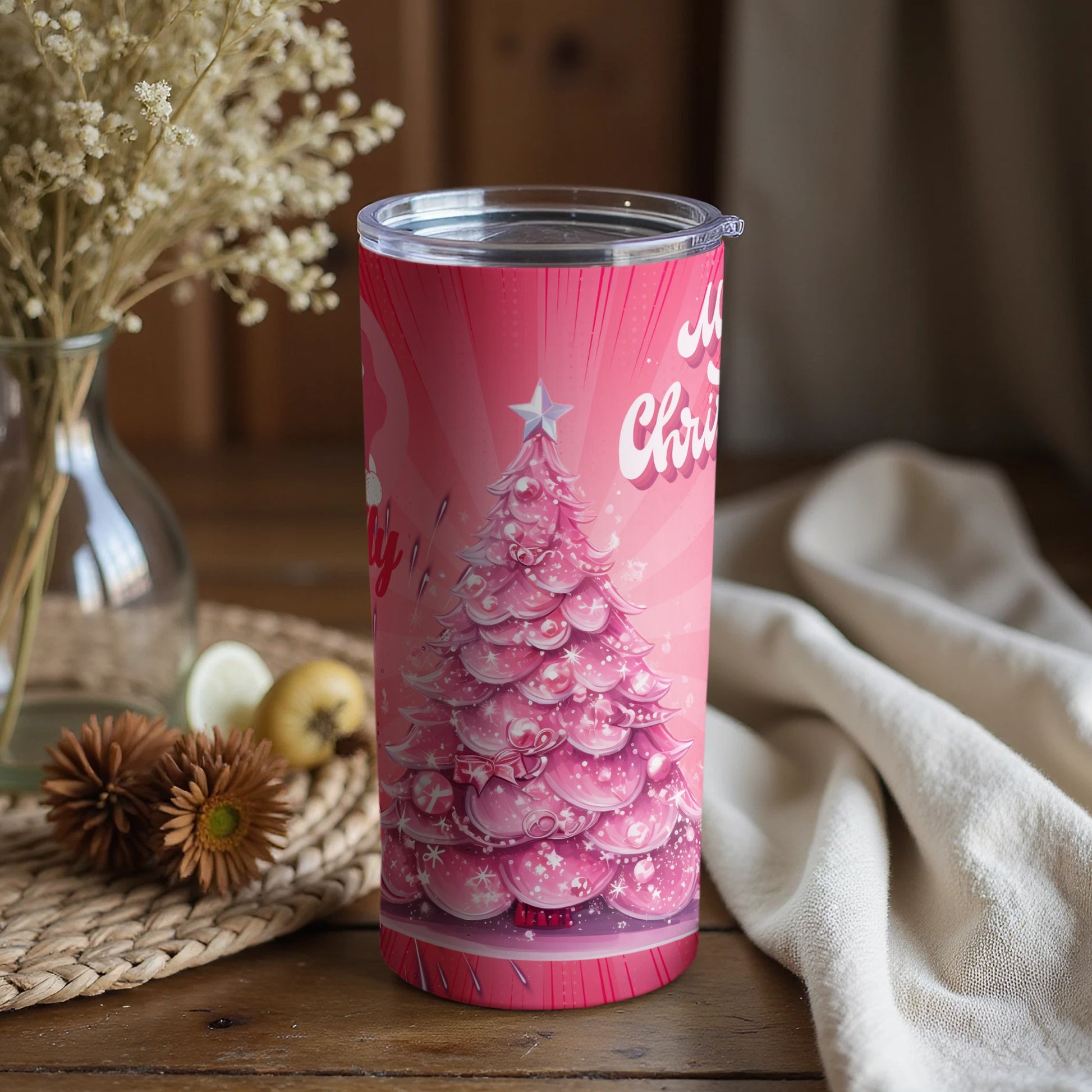 Merry Christmas Pink Festive Tree Design Tumbler