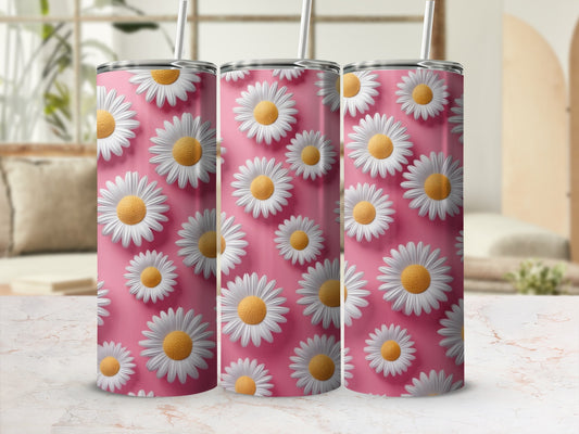 Pink tumbler with repeating white daisy pattern and yellow centers.