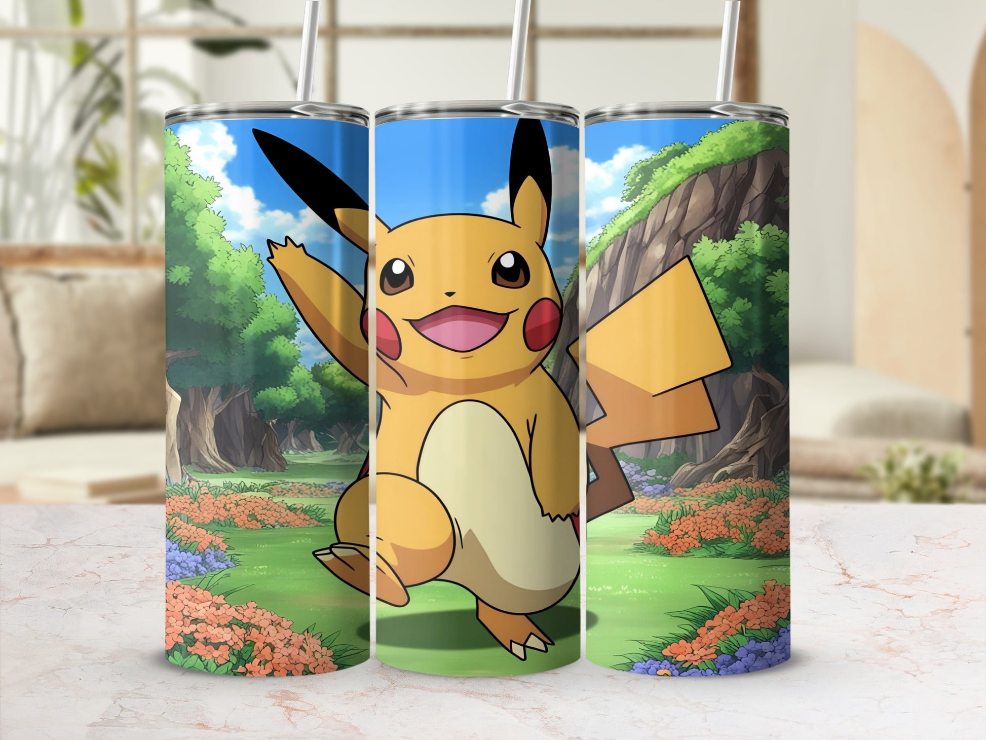 Pikachu character on a tumbler with a nature background and straw.