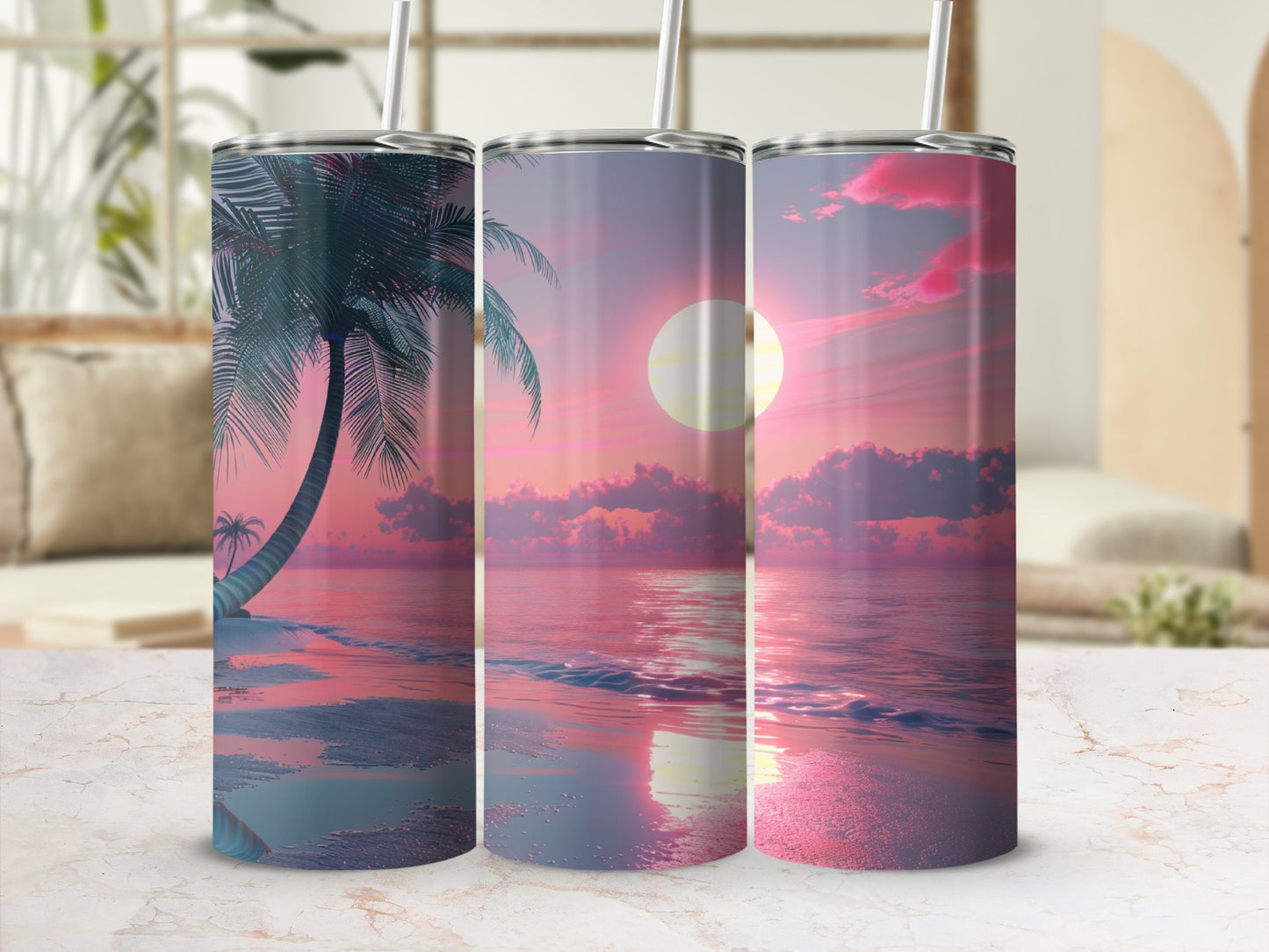 Sunset beach scene with palm tree on three tumblers.