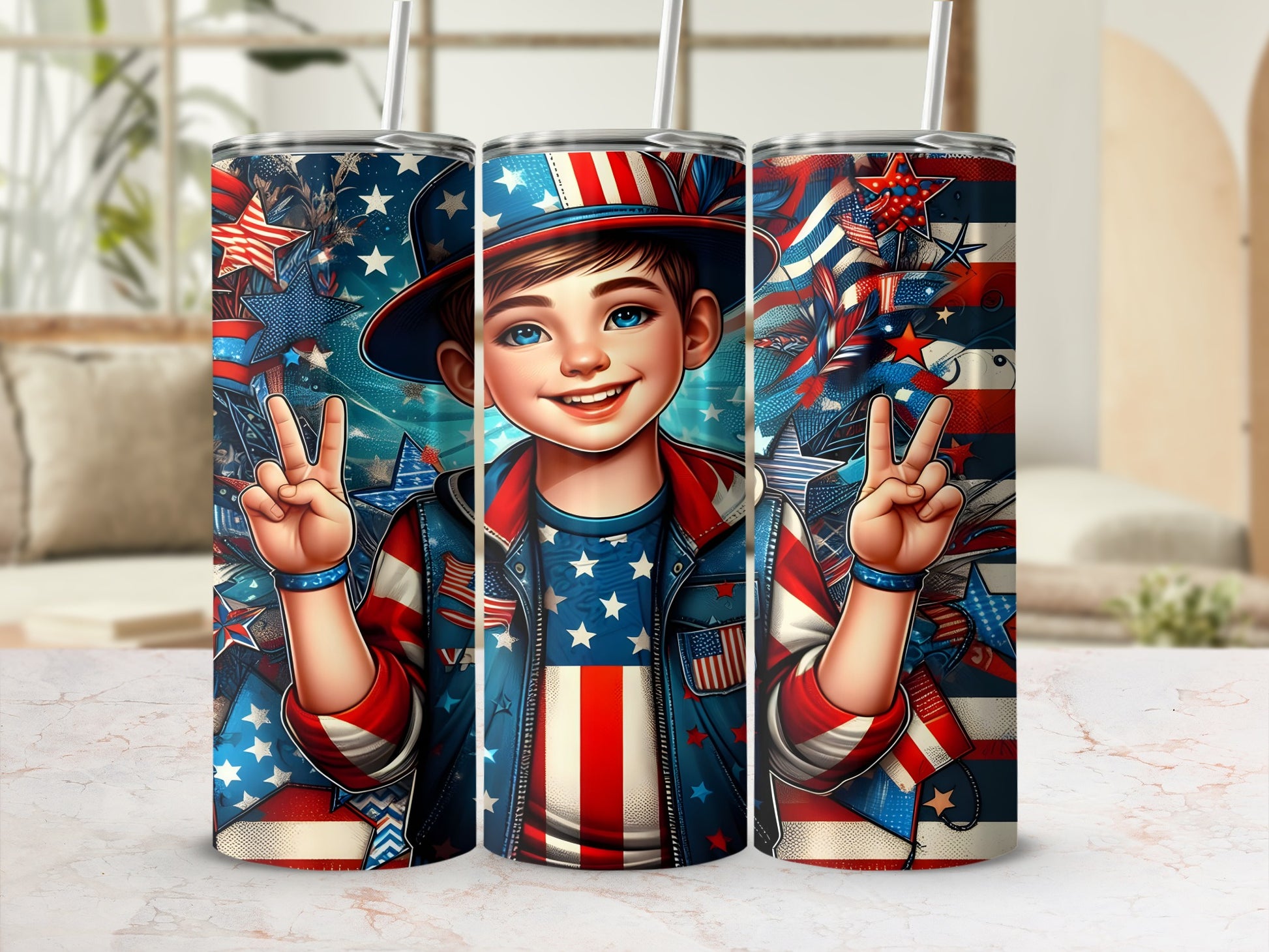 Boy in patriotic hat and jacket making peace signs, surrounded by stars and stripes.