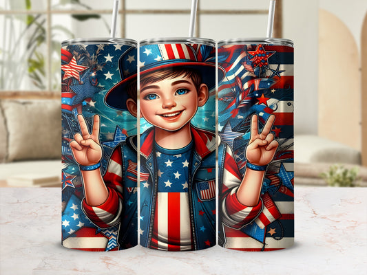 Boy in patriotic hat and jacket making peace signs, surrounded by stars and stripes.