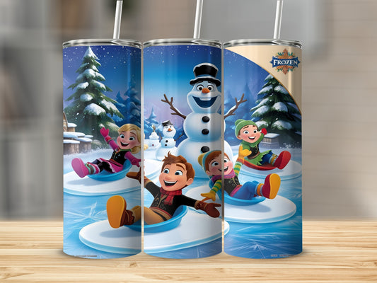 Olaf and friends sledding on ice in a winter forest landscape.