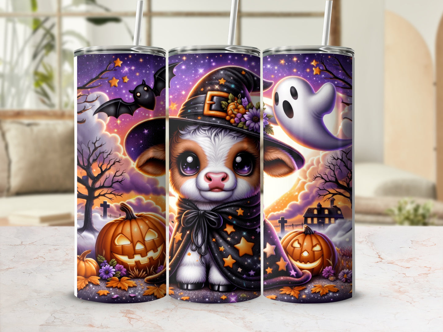 Cute cow in witch hat with pumpkins and ghost on Halloween tumbler.