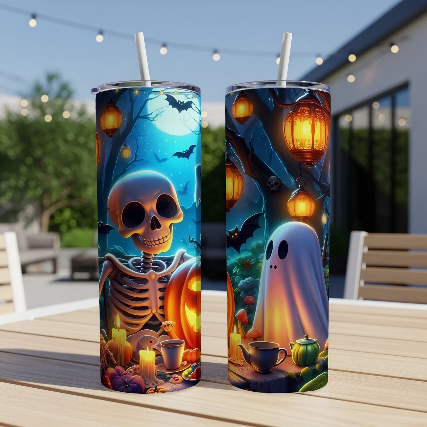 Halloween tumblers with skeleton and ghost designs, glowing lanterns, and pumpkins.