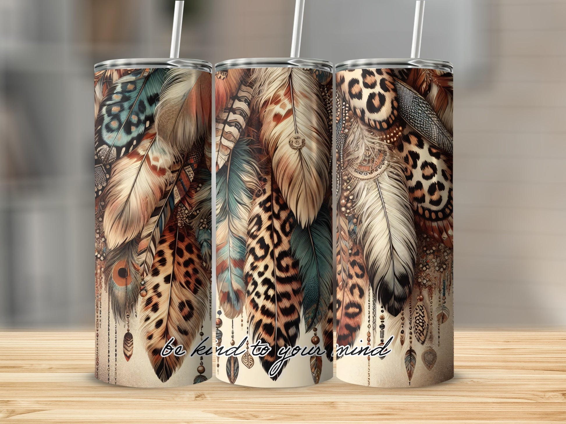Feather and Leopard Print Tumbler with Inspirational Text