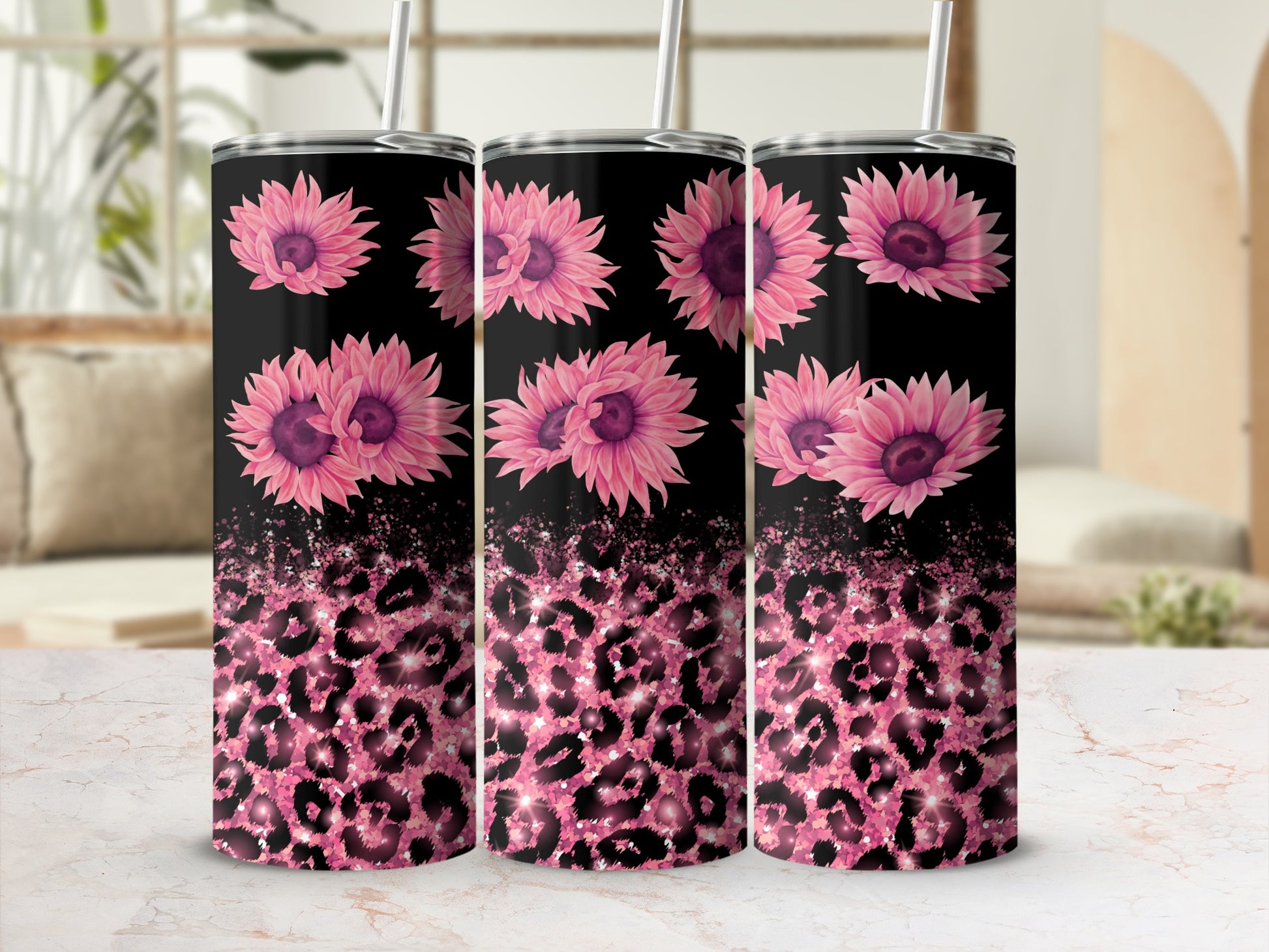 Black tumbler with pink floral and leopard print design.