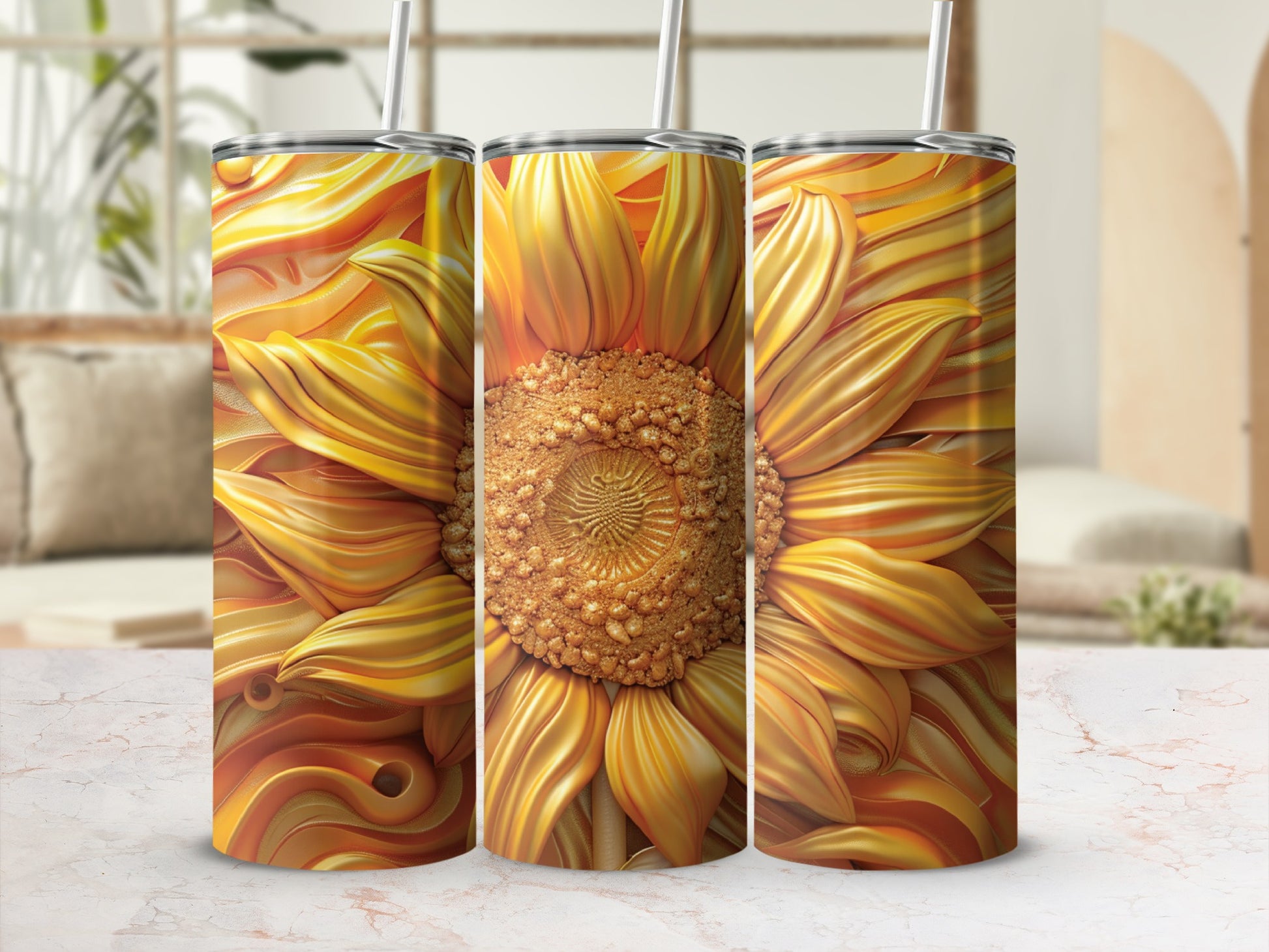 Three tumblers featuring a detailed close-up of a sunflower's petals and center.