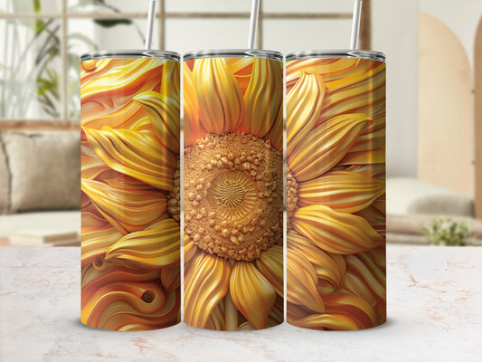 Three tumblers featuring a detailed close-up of a sunflower's petals and center.