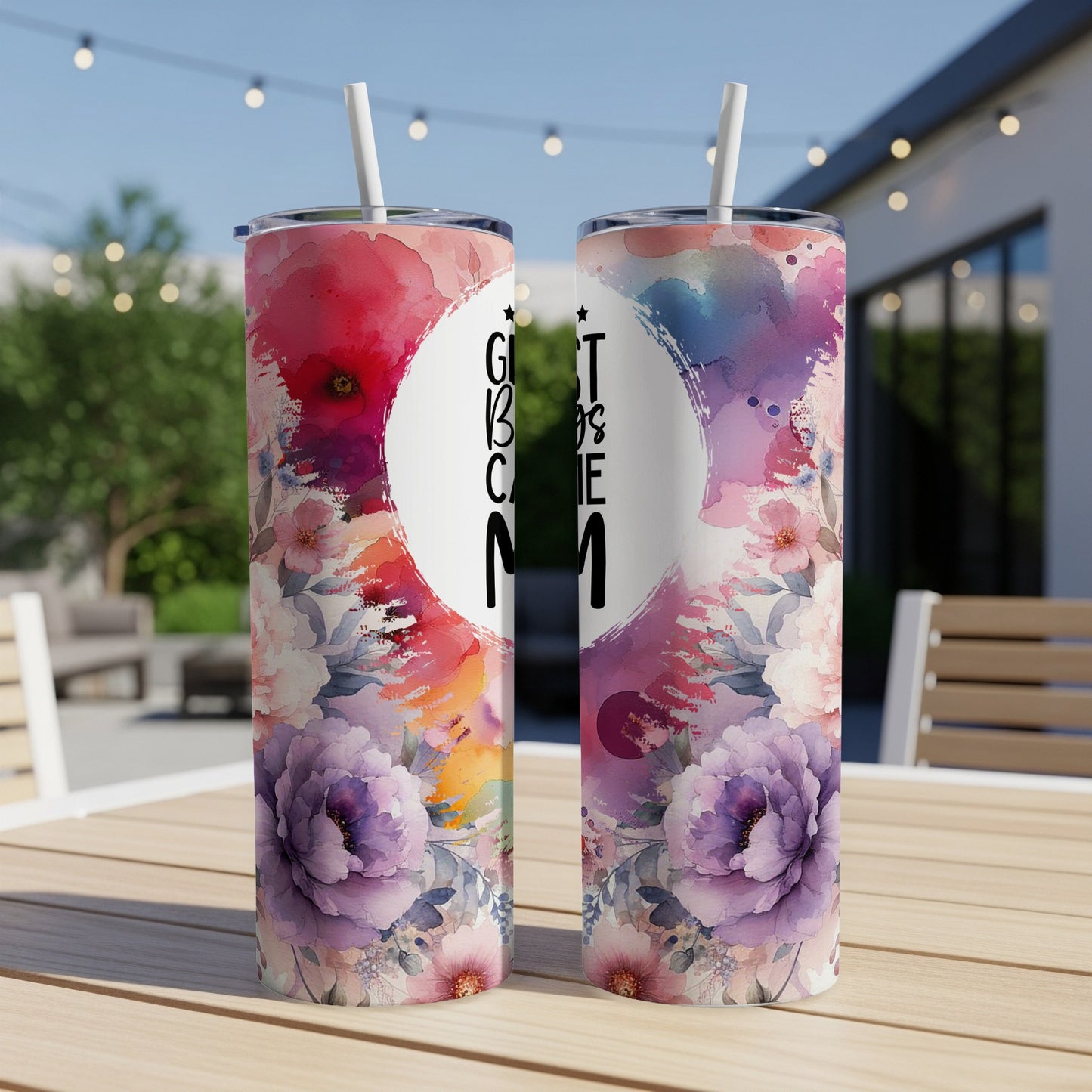 Two tumblers with floral watercolor designs and "Best Mom" text.