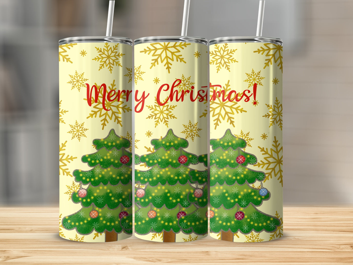 Three Christmas trees with ornaments and snowflakes, "Merry Christmas!" text.