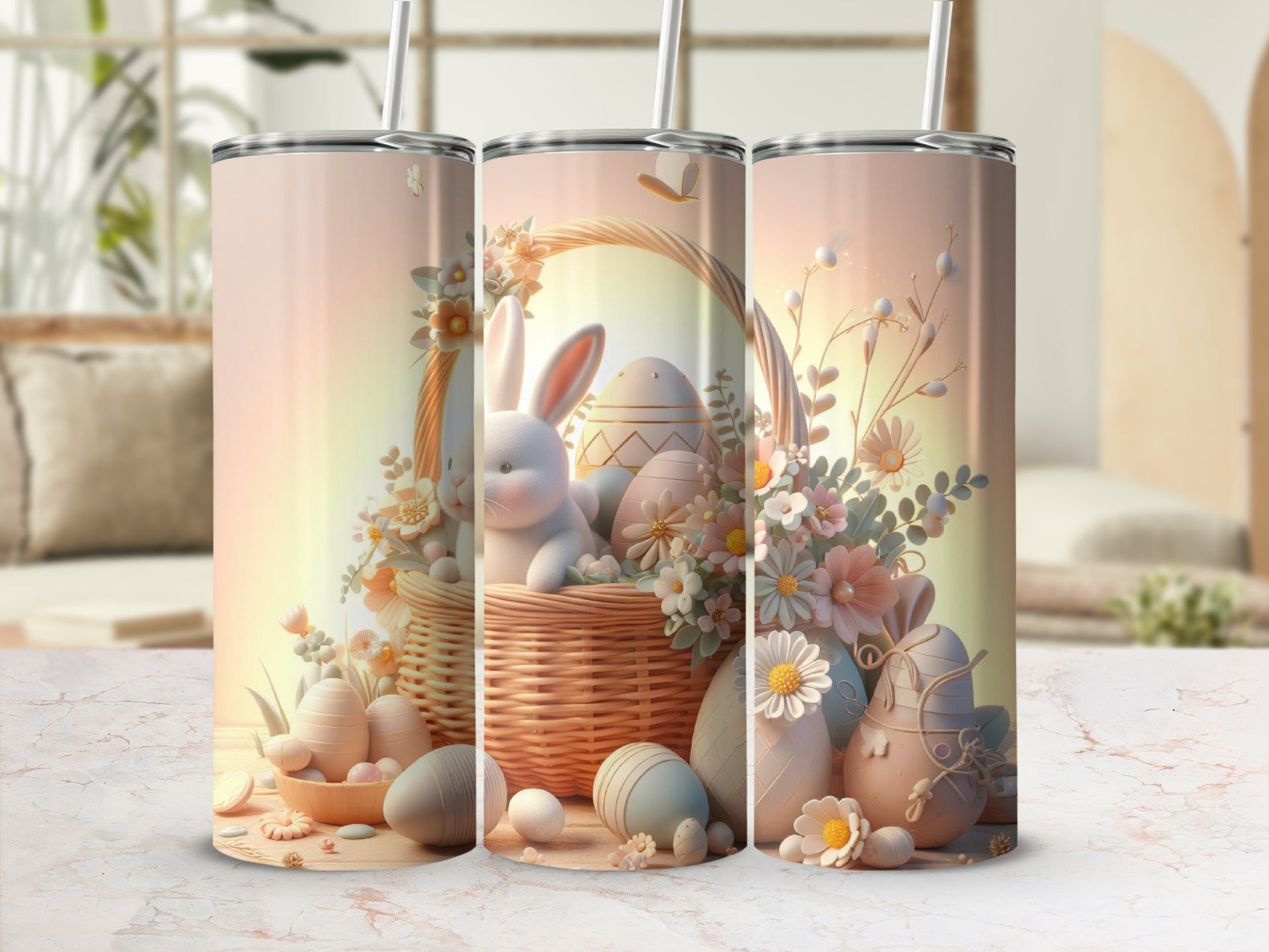 Easter basket with bunny and decorated eggs, surrounded by flowers.