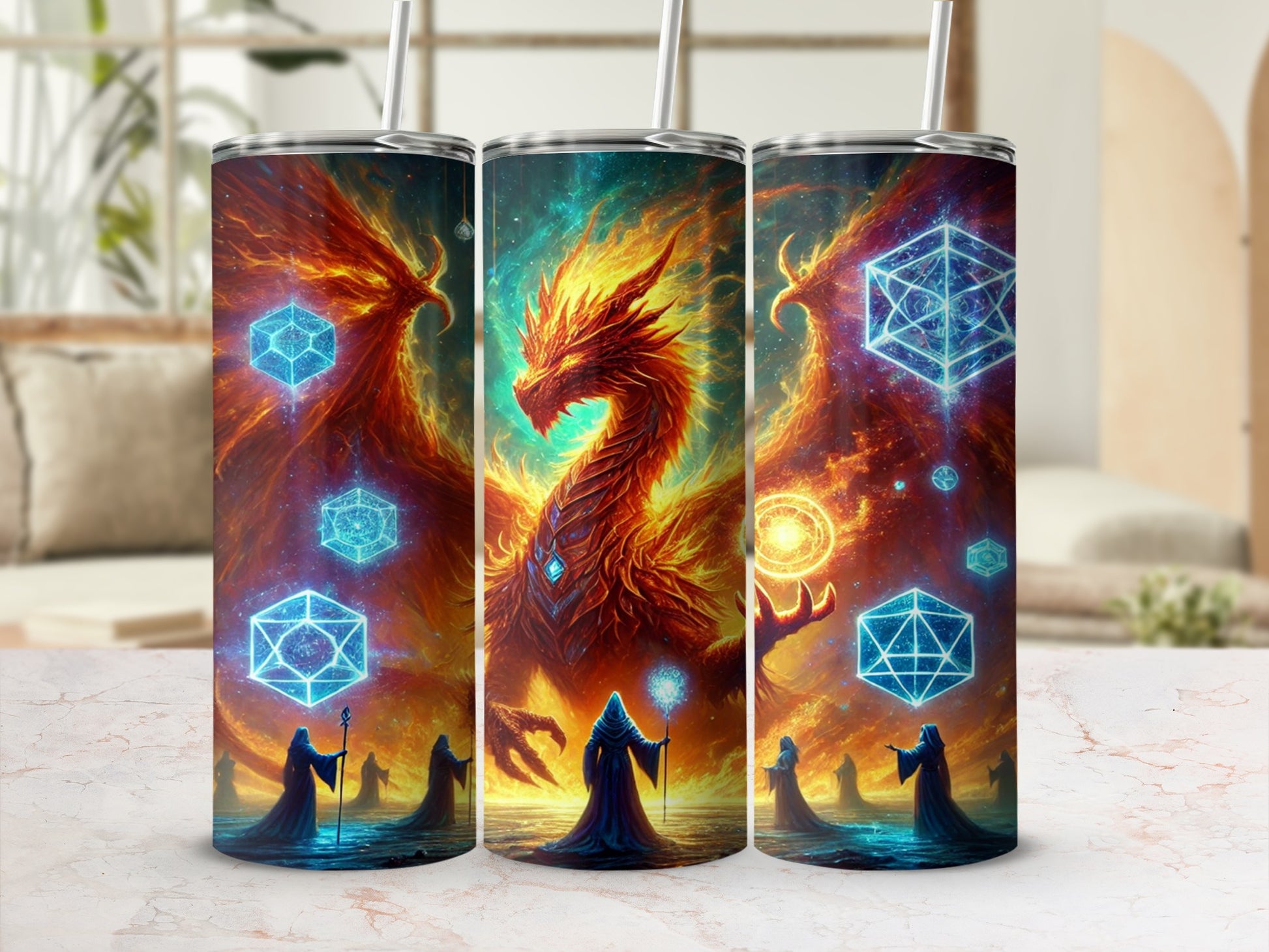 Mystical Dragon with Wizards Fantasy Tumbler Design