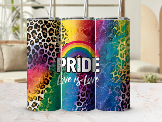 Three pride-themed tumblers with leopard print, rainbow gradient, and "Love is Love" text.