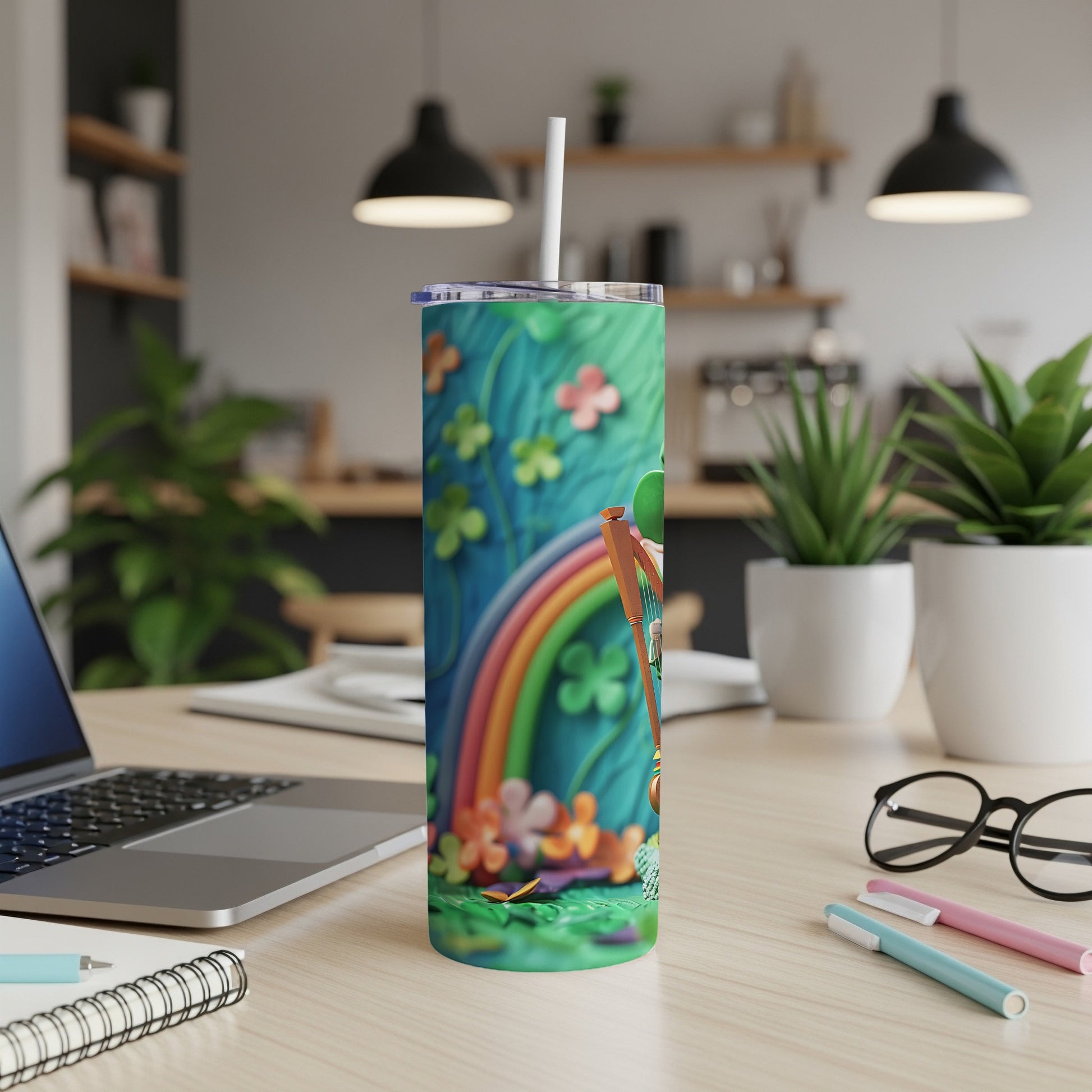 Leprechaun with rainbow and shamrocks on a green tumbler.