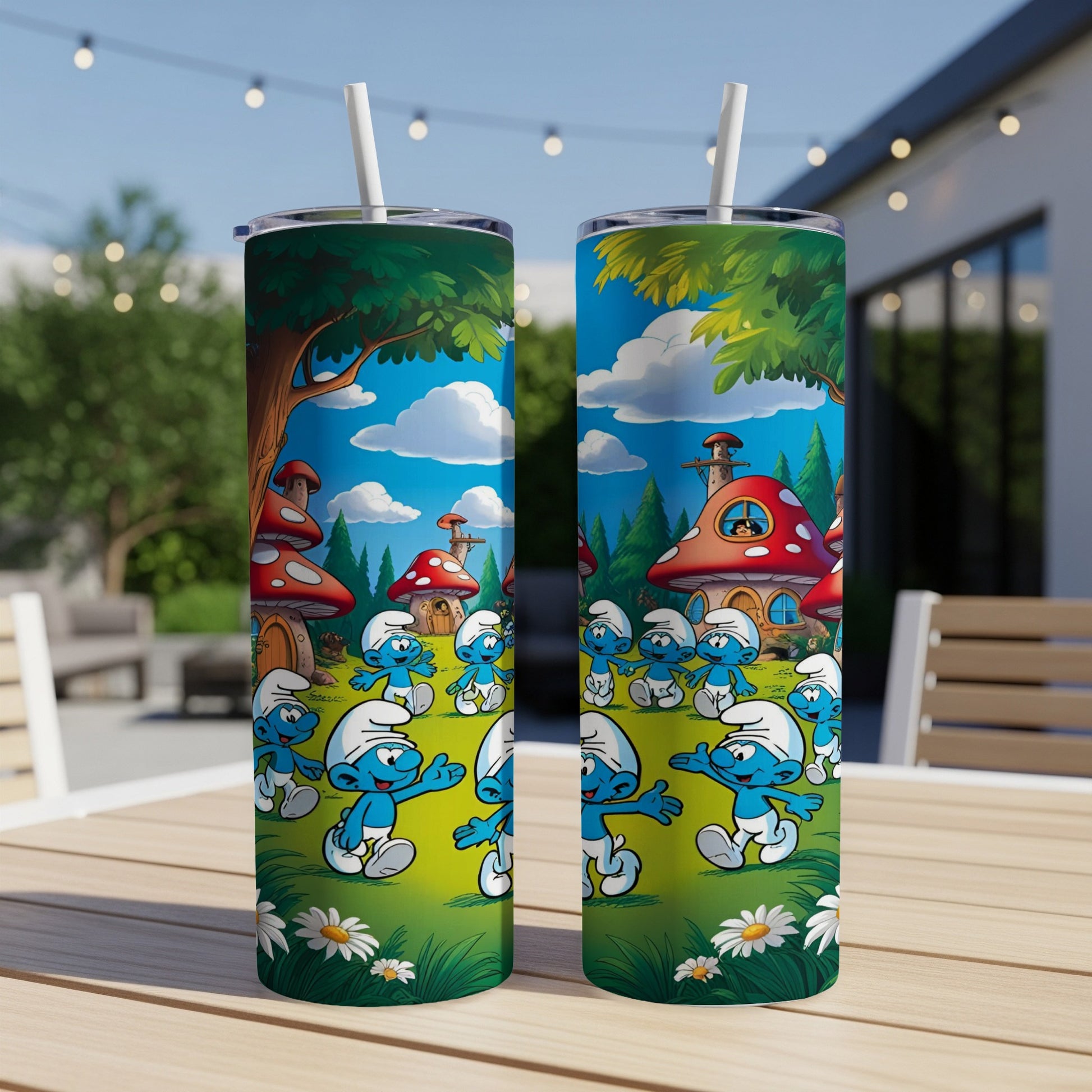 Two Smurfs tumblers with Smurf village scene and dancing Smurfs.