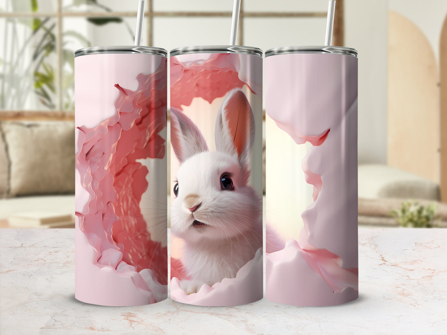 Cute Rabbit Design Pink Tumbler with Straw Flask