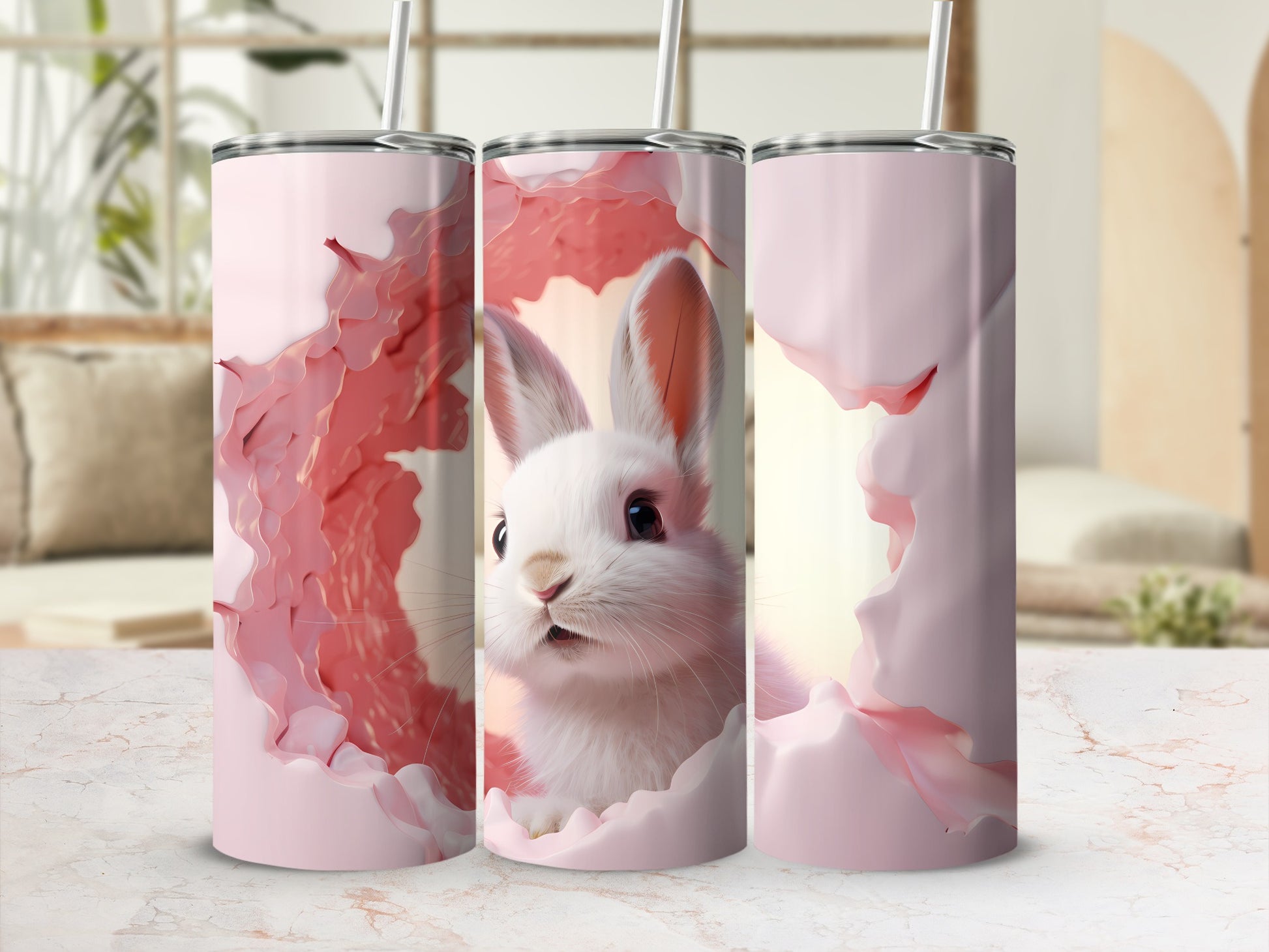 Cute Rabbit Design Pink Tumbler with Straw Flask
