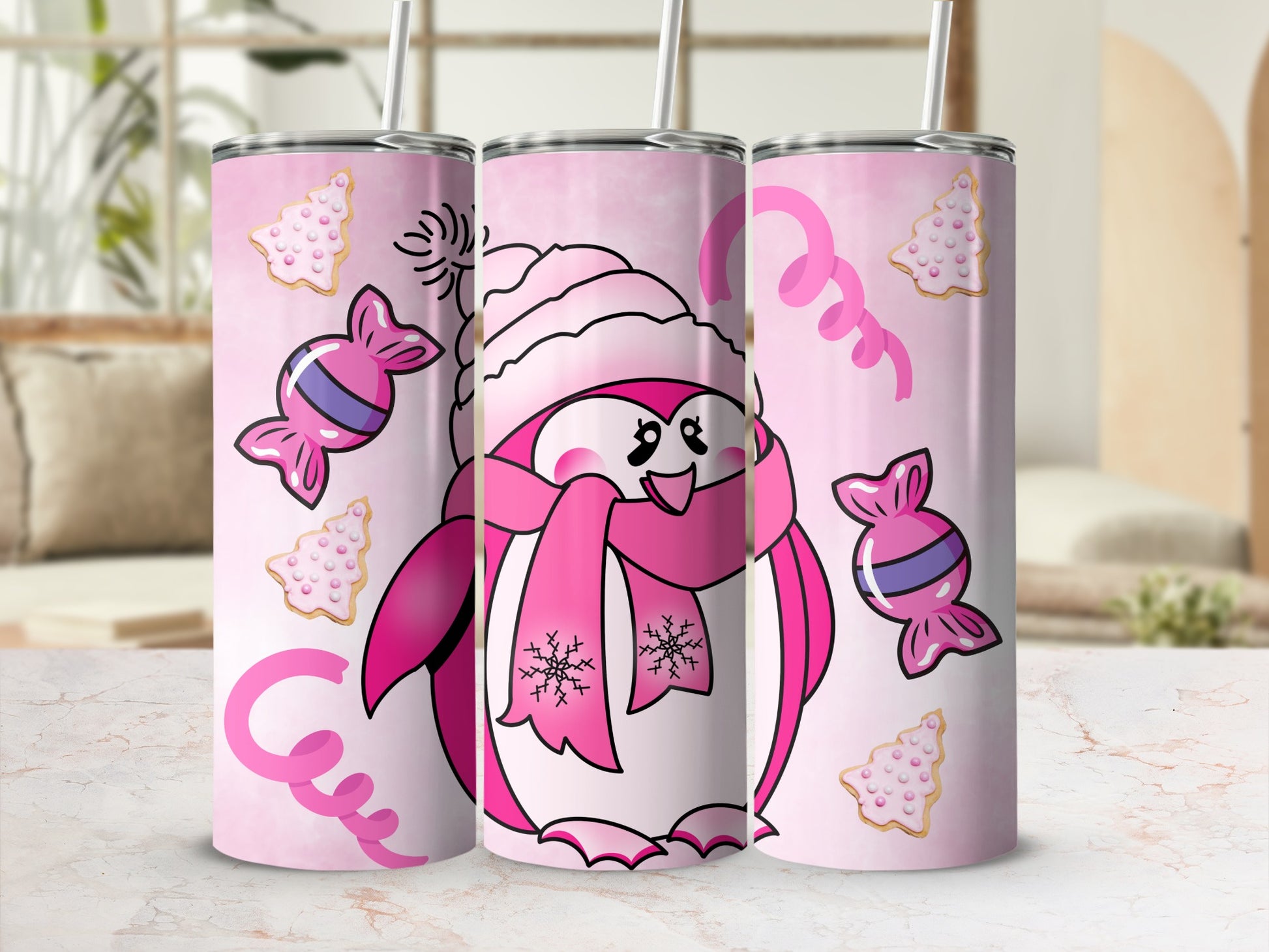 Cute Pink Festive Penguin Tumbler for Holiday Cheer