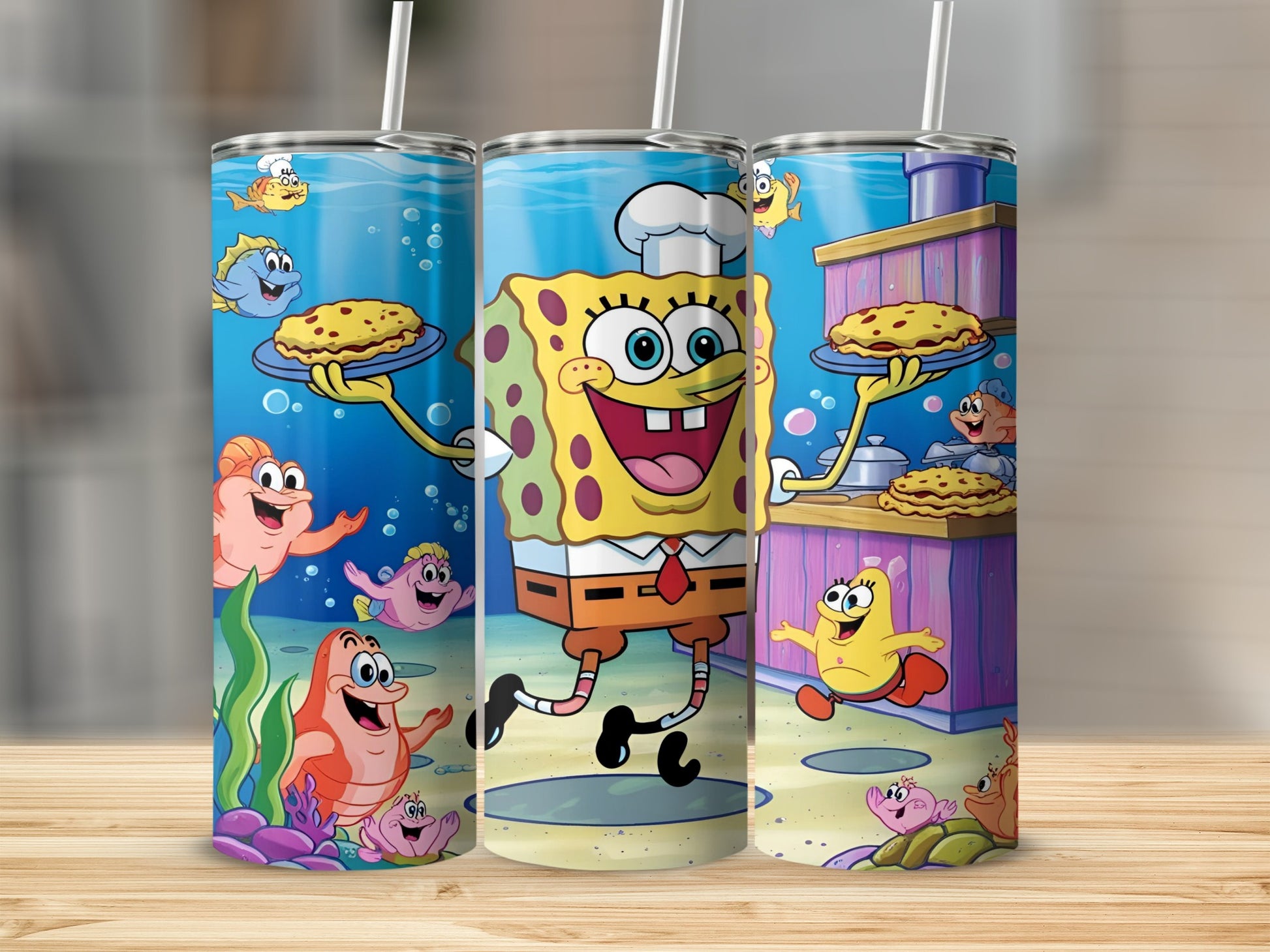 SpongeBob SquarePants holding pies with friends in a kitchen scene.