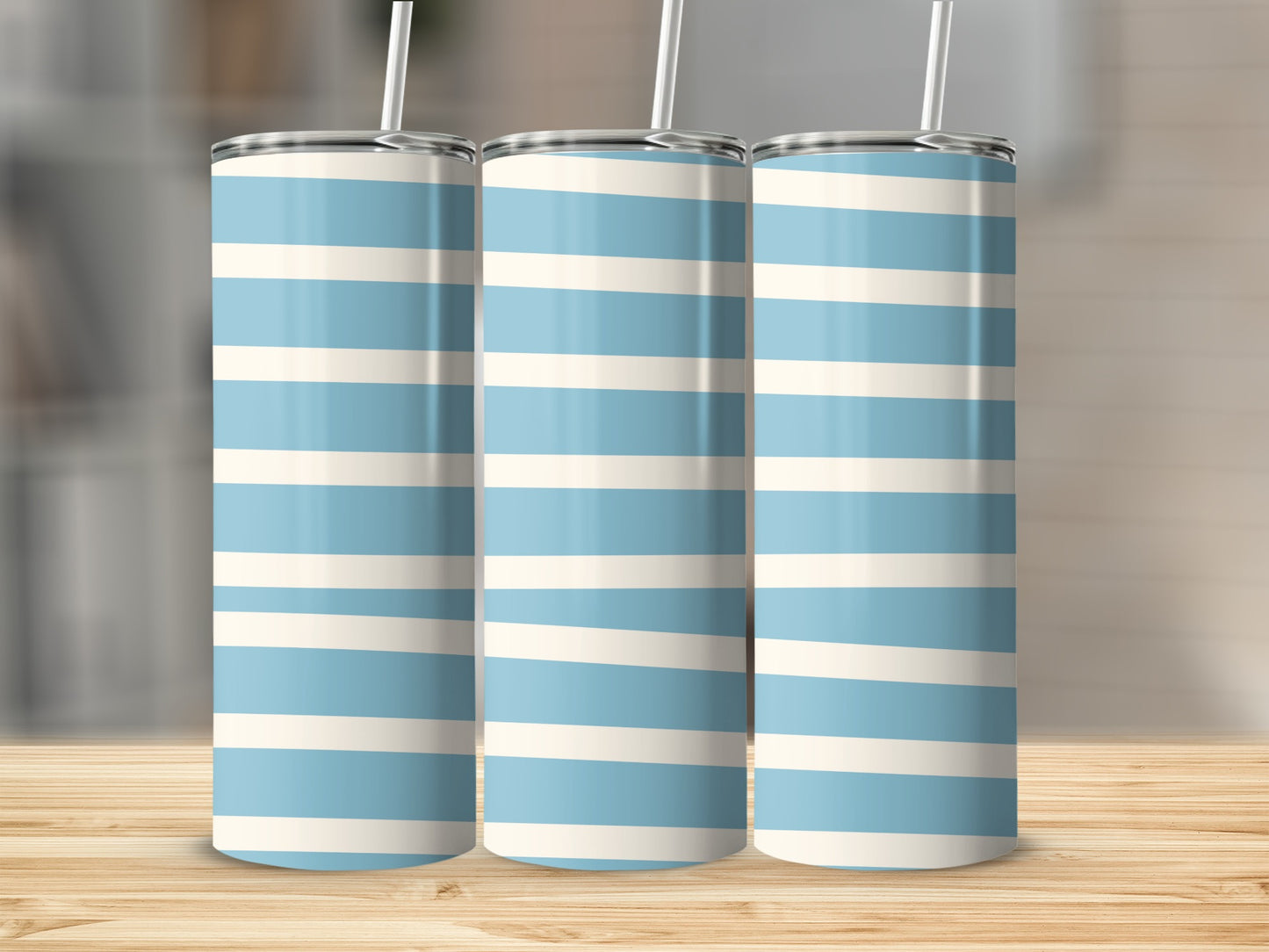 Three tall tumblers with blue and white horizontal stripes.