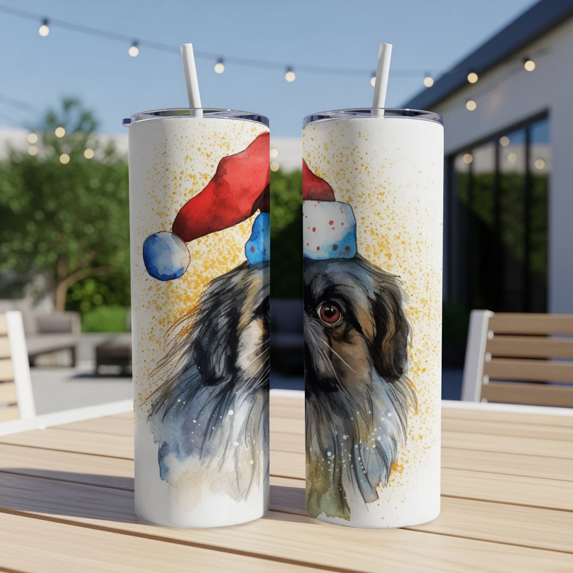 Watercolor painting of a dog wearing a Santa hat on a tumbler.