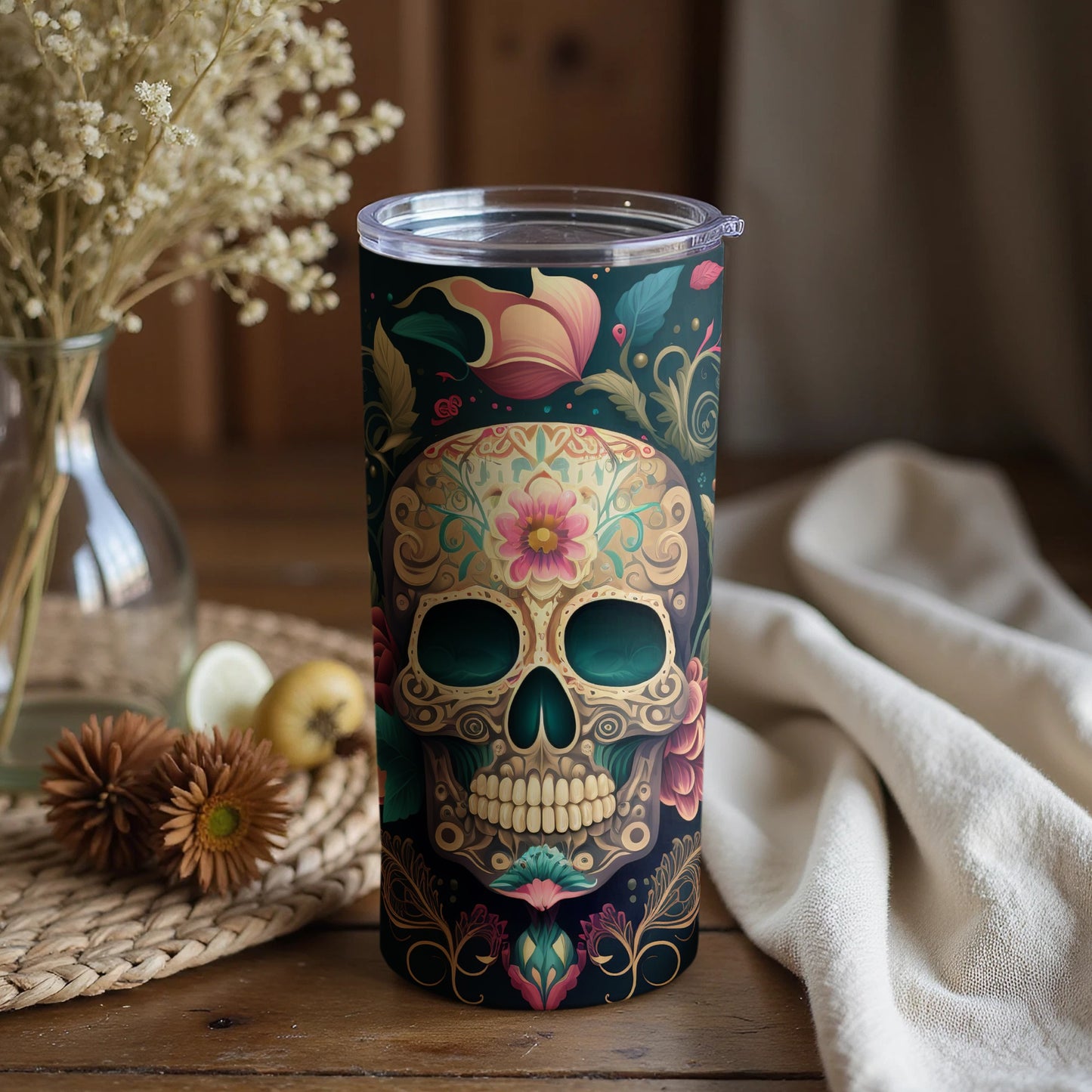 Vibrant Floral Skull Design With Decorative Flowers Tumbler