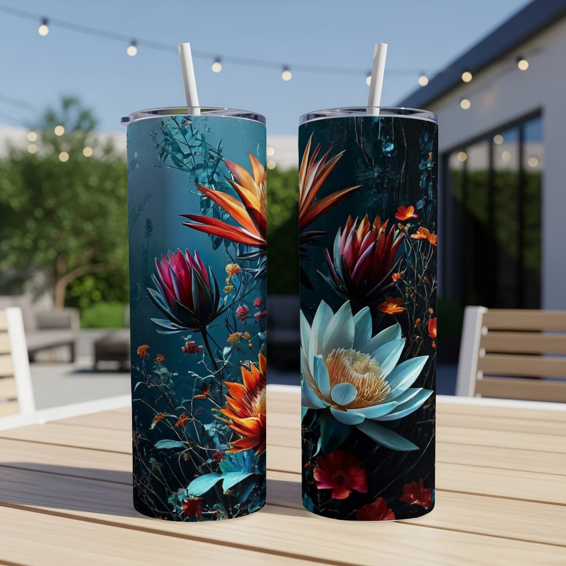 Two tumblers with a dark floral design featuring lotus and bird of paradise flowers.