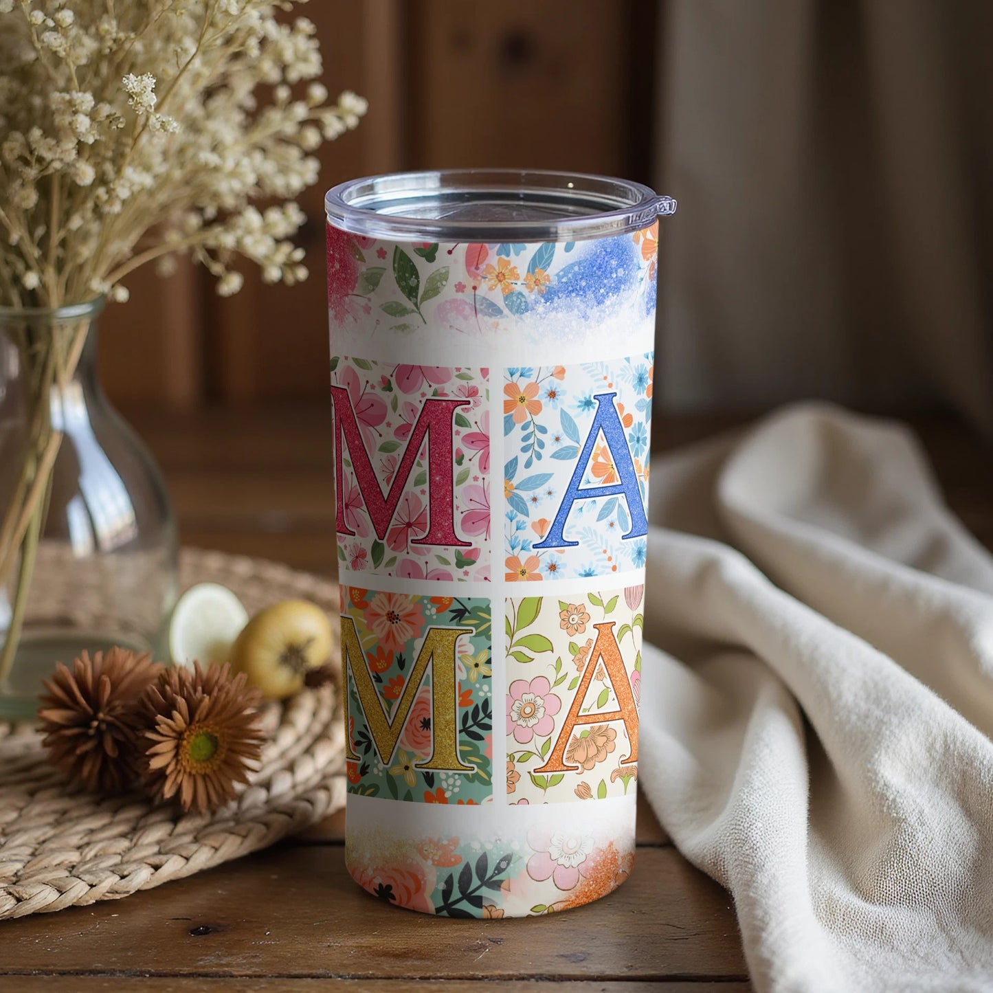 Colorful Floral MAMA Tumbler Insulated Travel Coffee Cup