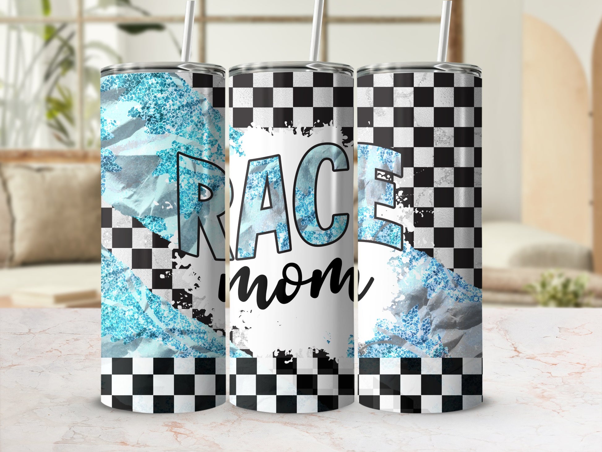 Checkerboard Race Mom Glitter Blue Tumbler product type