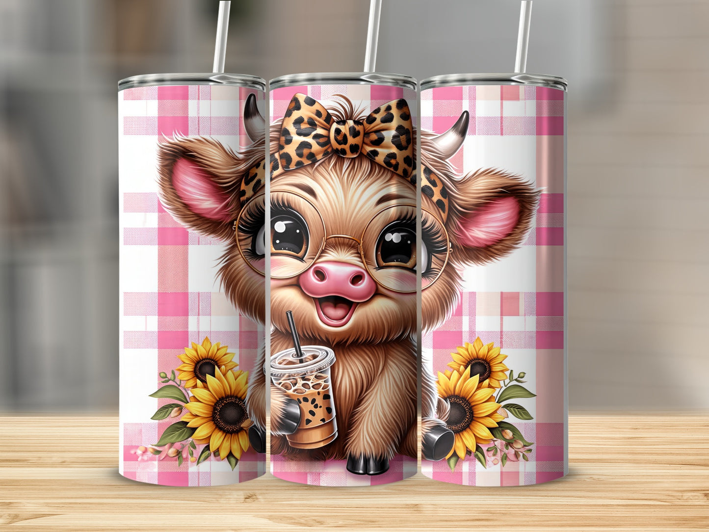 Cute cow with glasses and a bow holding a coffee cup, surrounded by sunflowers.