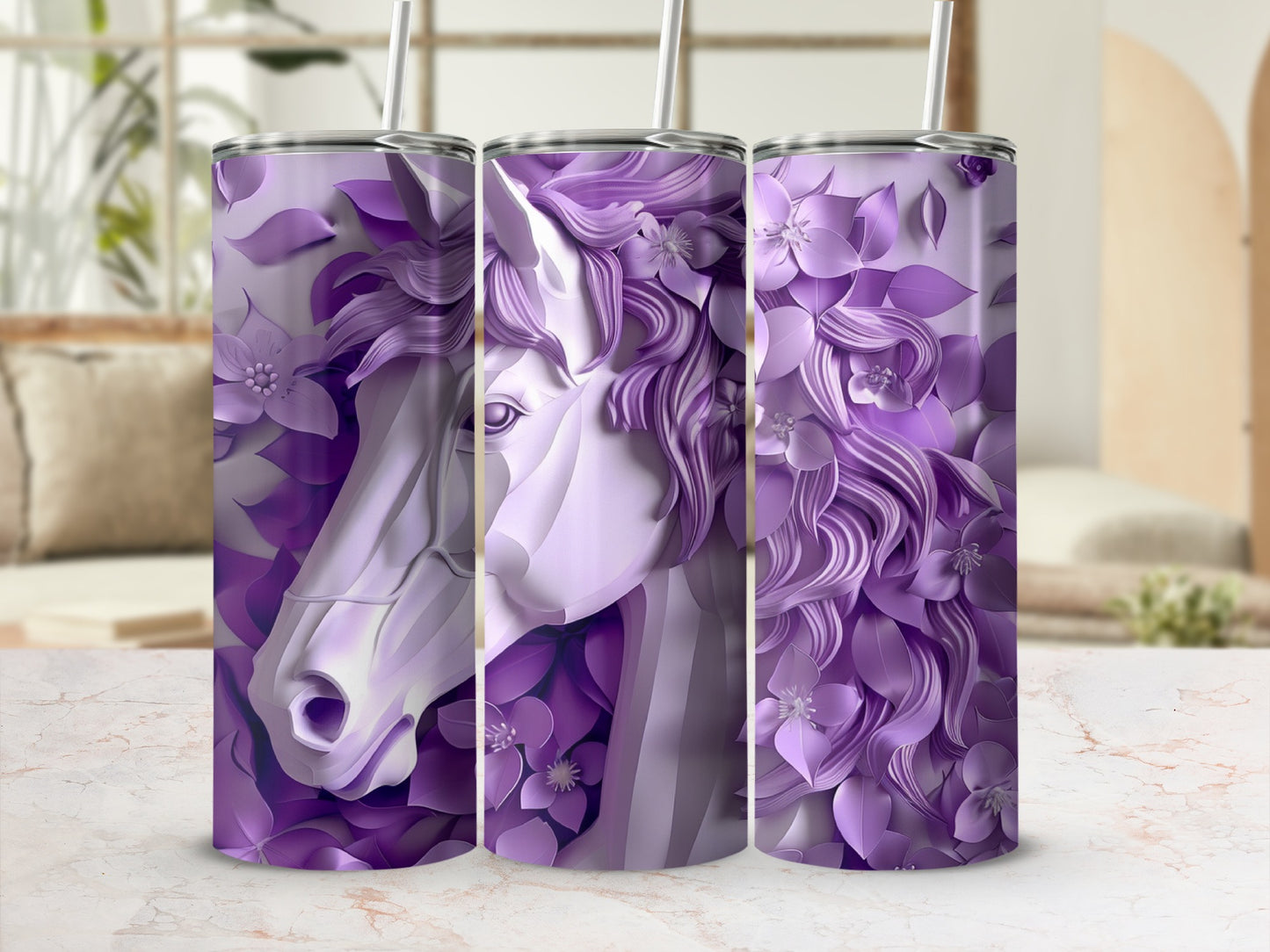 Purple horse head design on three tumblers with straws, surrounded by flowers.