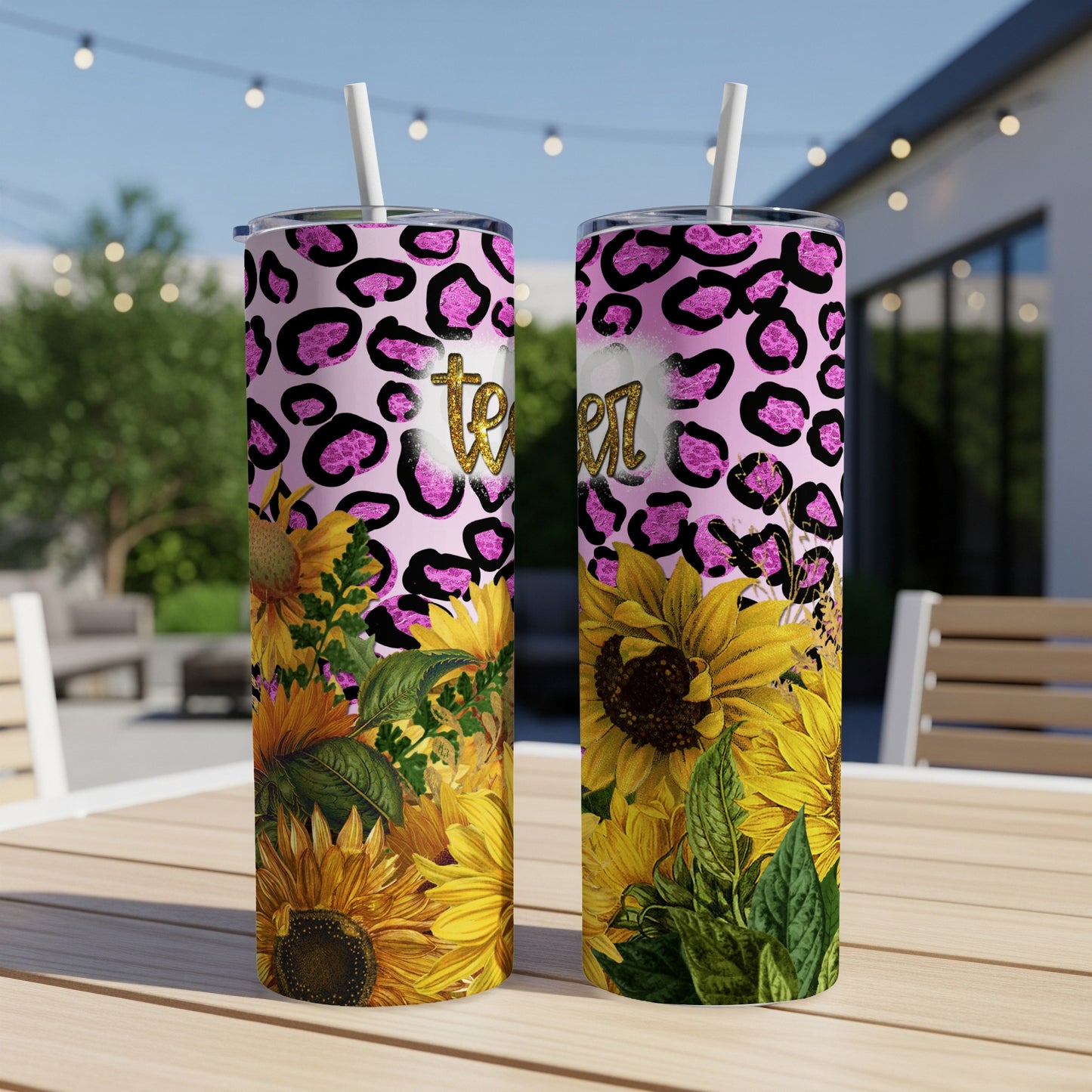 Pink leopard print tumbler with sunflowers and "Teacher" text.
