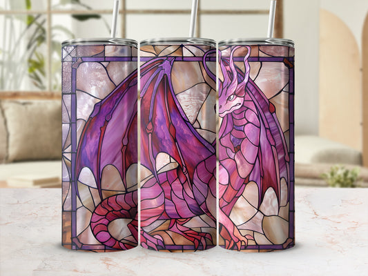 Stained glass dragon design on three tumblers with straws.